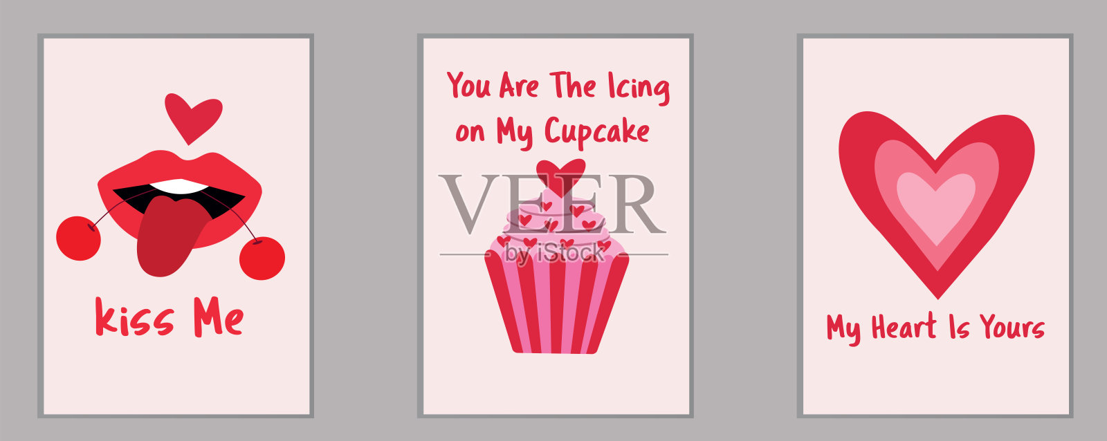 三张情人节卡片，有有趣的情人节纸杯蛋糕，樱桃嘴唇和复古的心。插画图片素材