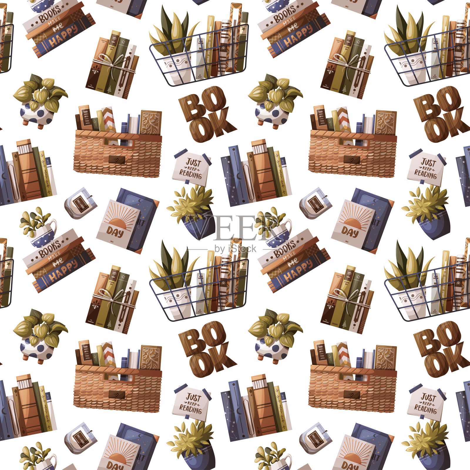 无缝图案与书籍，盆栽植物和木字“书”。插画图片素材