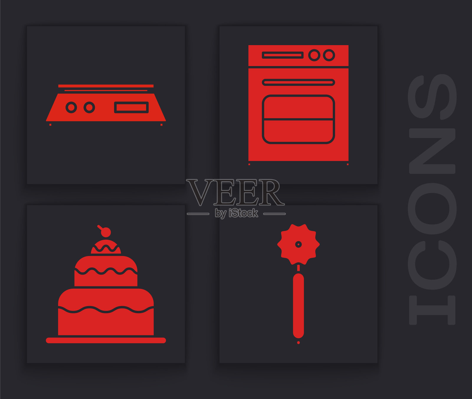 设置比萨刀，电子秤，烤箱和蛋糕图标。向量插画图片素材