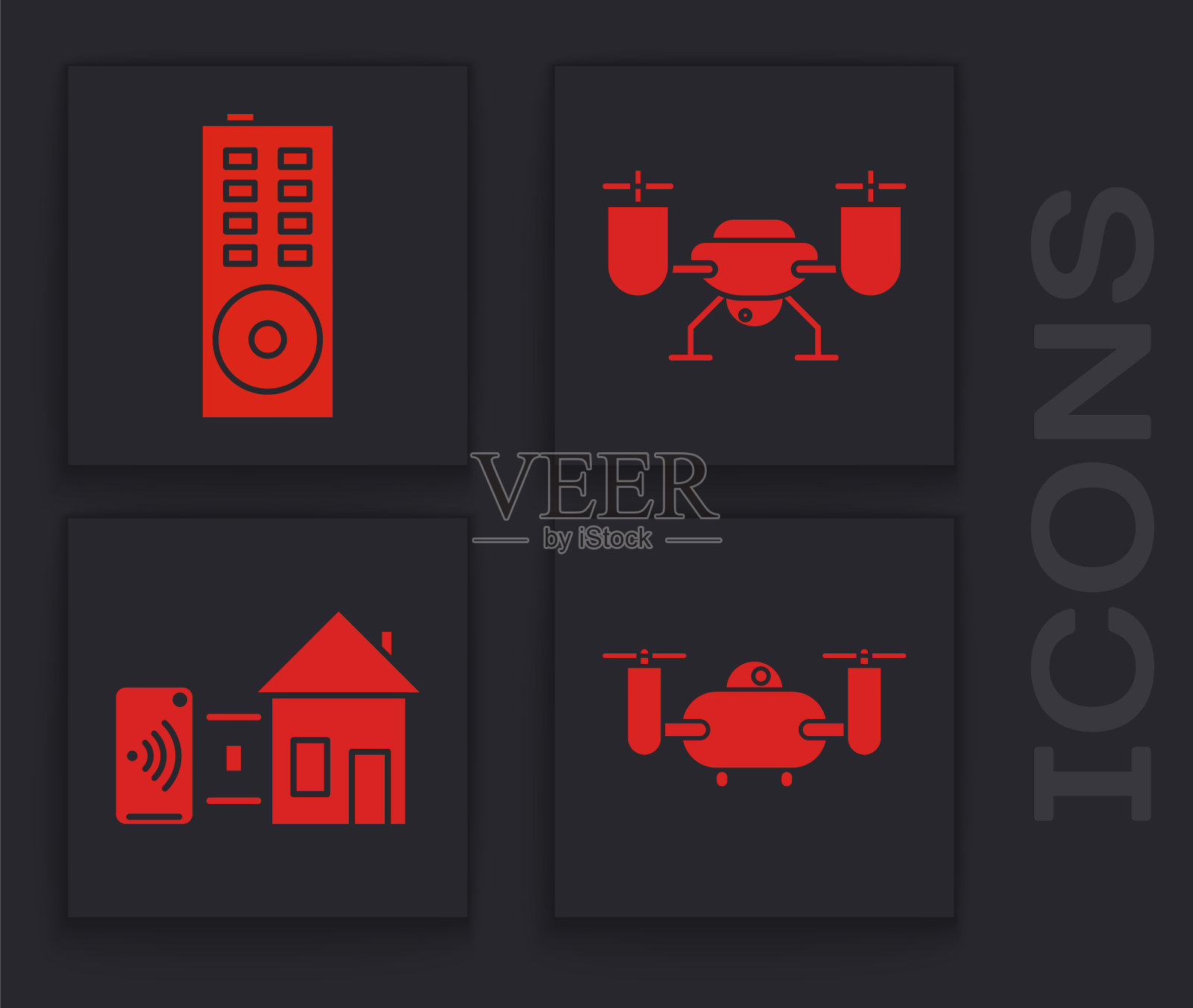 设置无人机飞行与运动相机，遥控，无人机飞行与运动相机和智能家居图标。向量插画图片素材