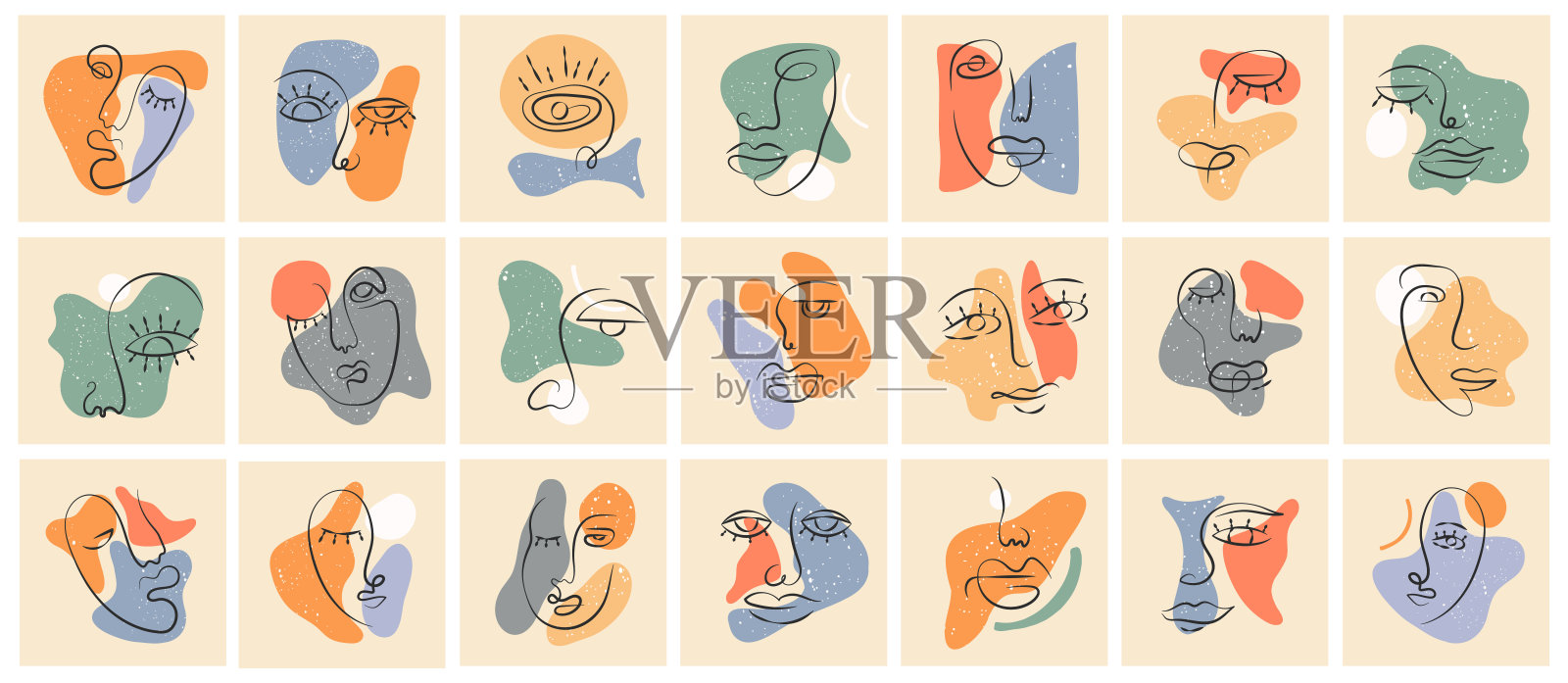 复古海报线条艺术风格。脸,抽象插画图片素材