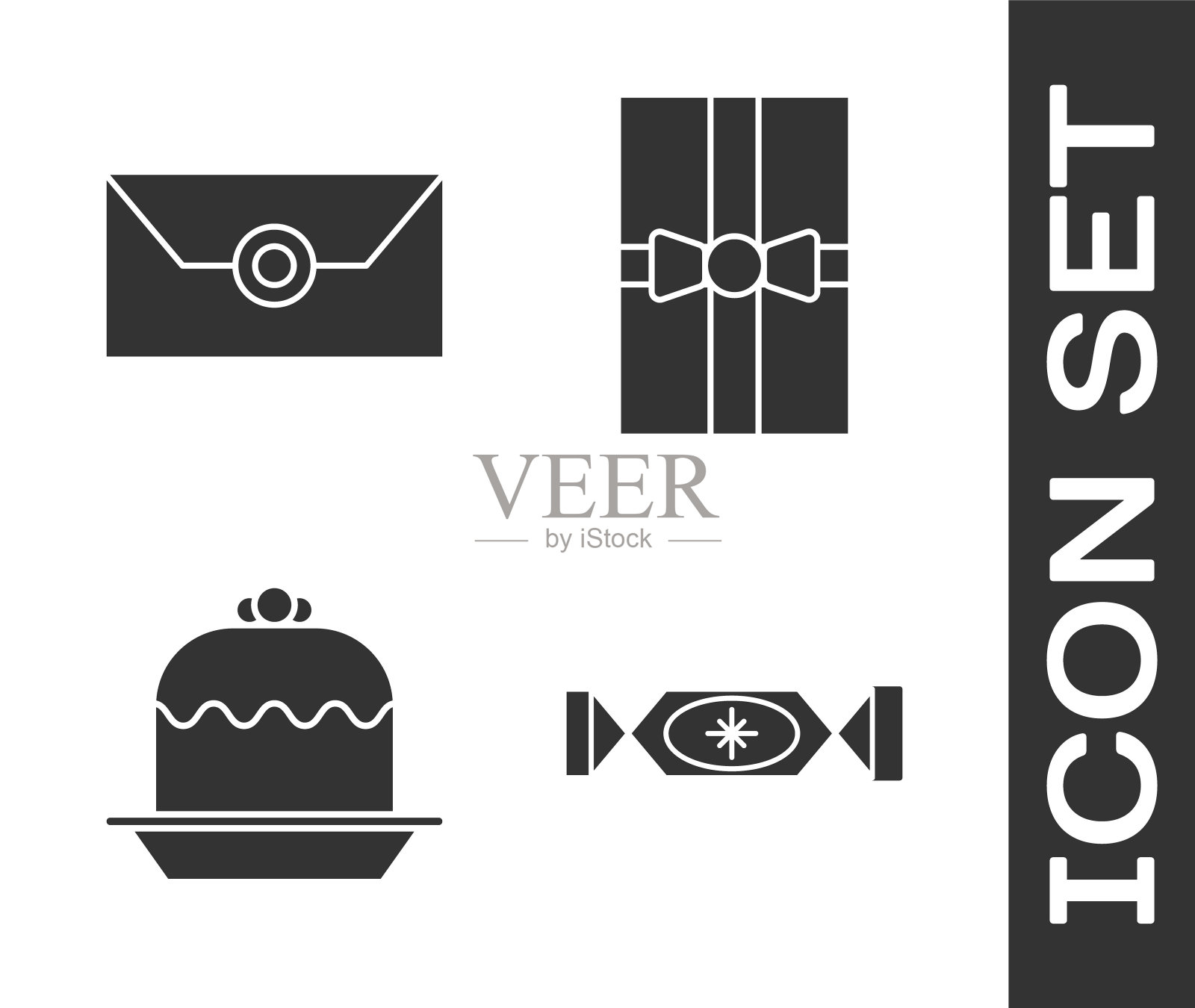 集糖果，信封与圣诞派对邀请卡，蛋糕和礼盒图标。向量插画图片素材