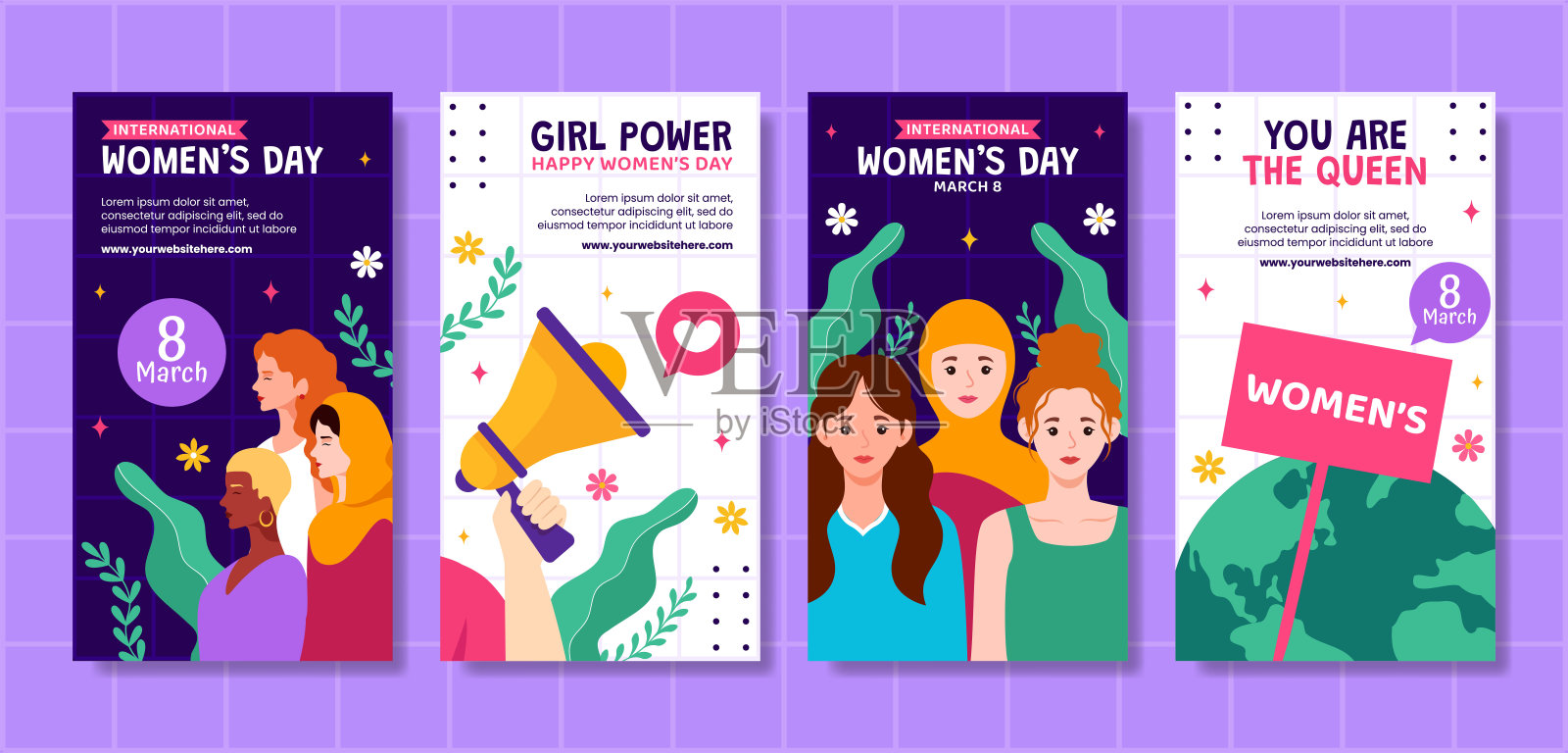 妇女节社交媒体故事平面卡通手绘模板背景插图插画图片素材
