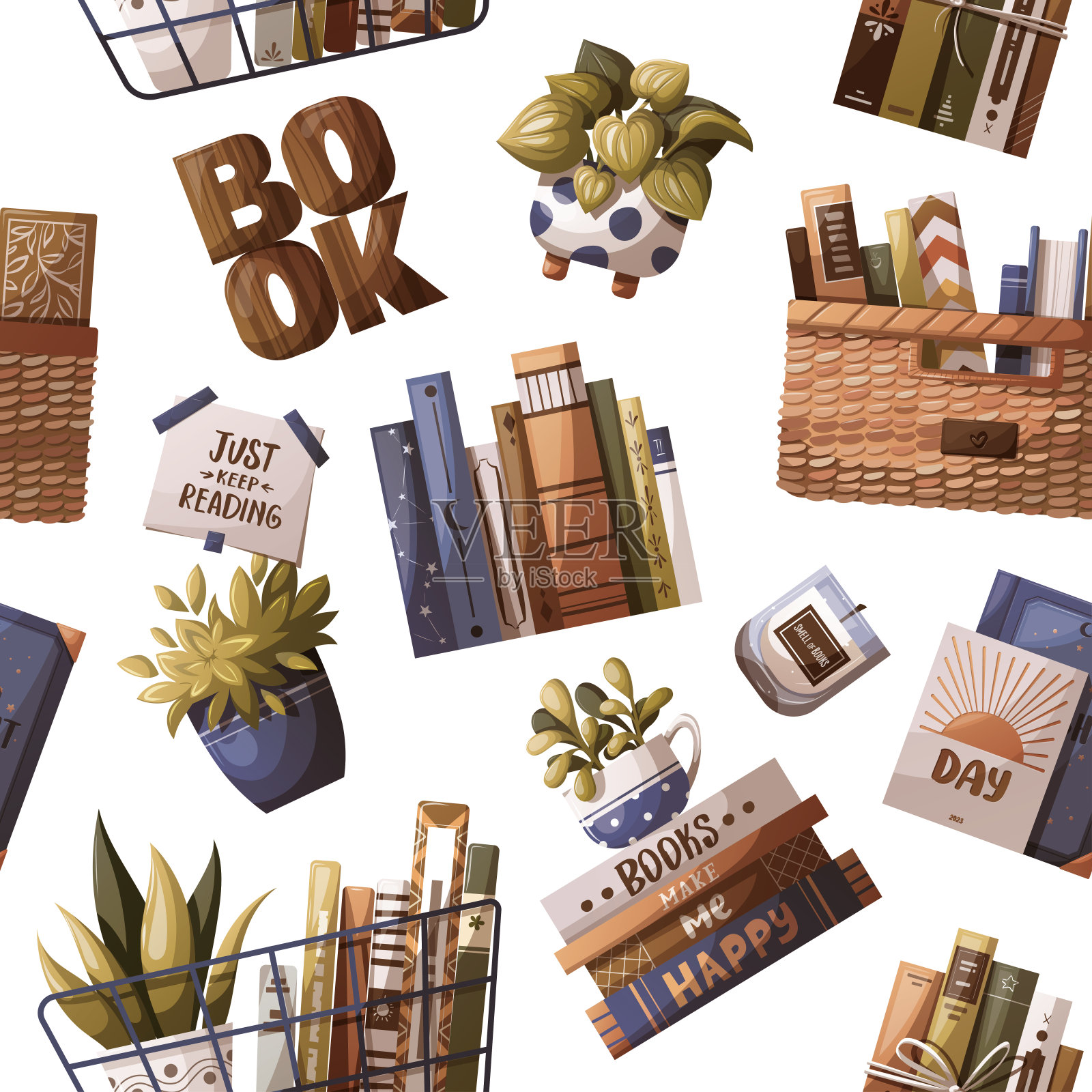 无缝图案与书籍，盆栽植物和木字“书”。插画图片素材