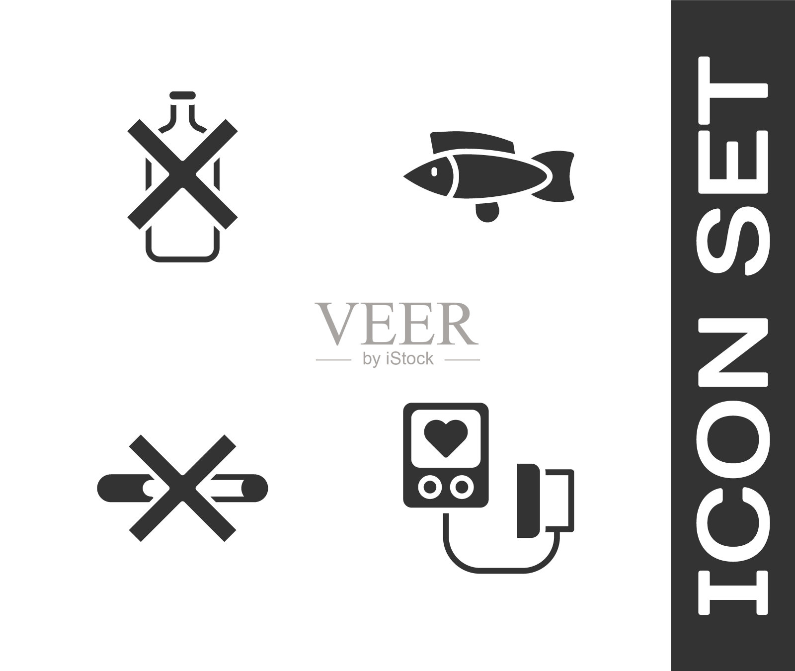 设置血压，酒精，吸烟和鱼图标。向量插画图片素材