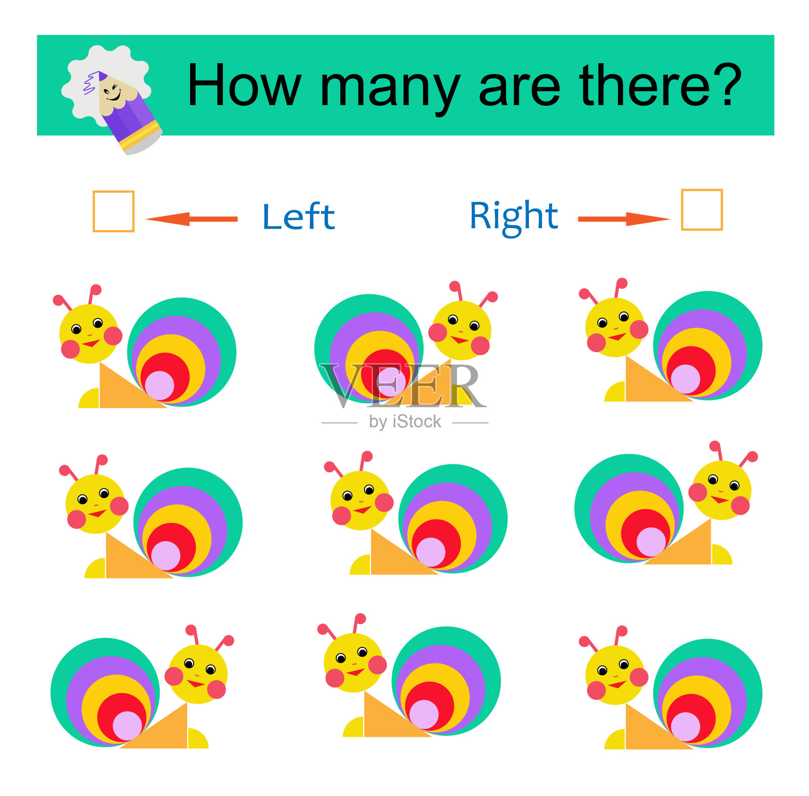 数一数有多少卡通蜗牛向左转，有多少向右转。插画图片素材