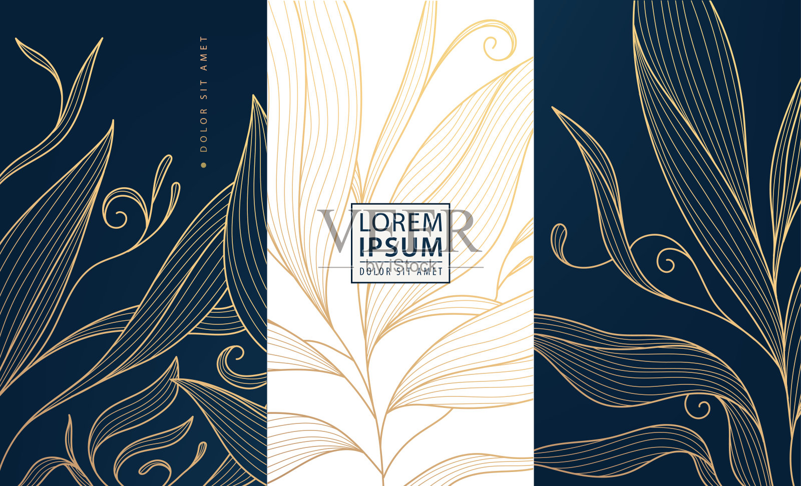 矢量集装饰艺术花卉豪华图案，金色的皇家标签与鲜花和树叶。用于珠宝、茶叶、水疗、菜单、巧克力、酒的包装概念插画图片素材