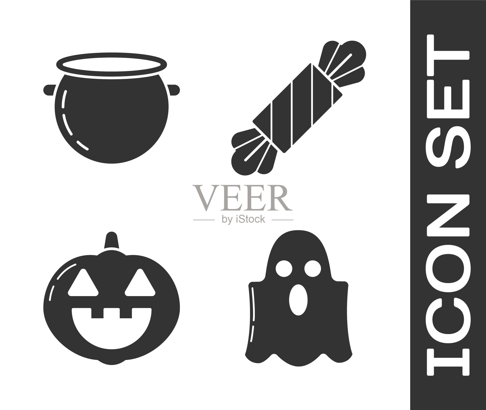 集鬼，万圣节女巫大锅，南瓜和糖果图标。向量插画图片素材