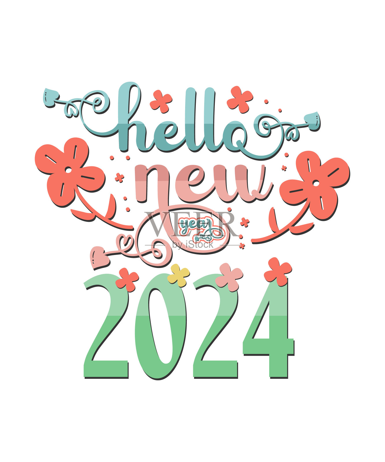 你好新年2024,t恤设计和贴纸，庆祝活动，节日，矢量，现代书法标志符号插画图片素材