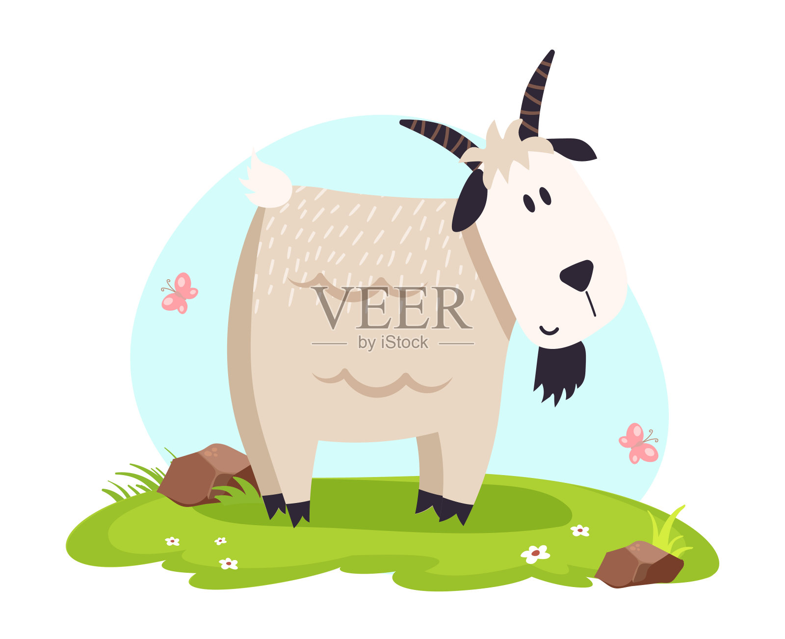 可爱的山羊矢量平面插图与景观隔离在白色背景上。农场动物卡通人物山羊和草插画图片素材