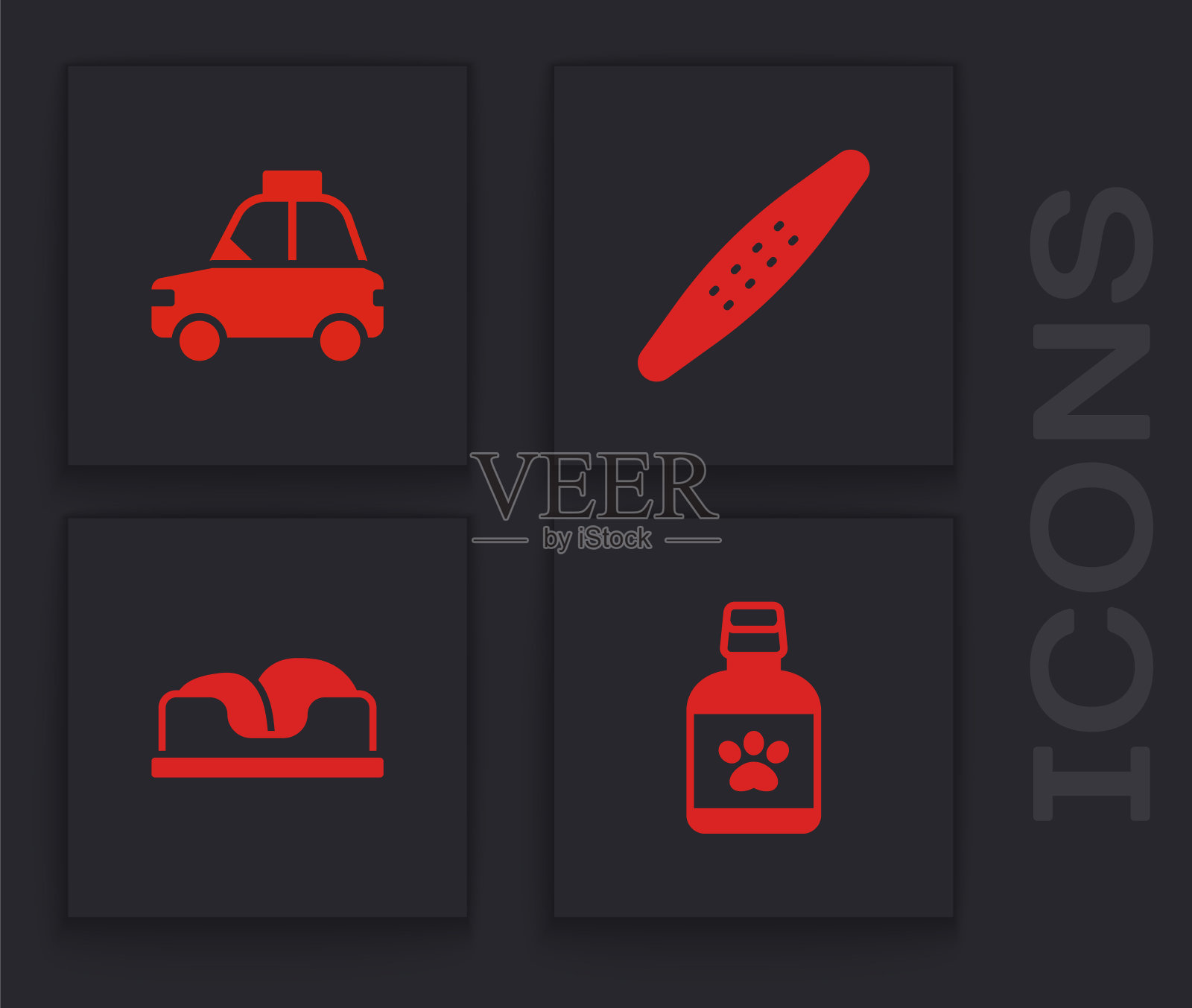 设置狗药瓶，宠物车出租车，指甲锉宠物和床图标。向量插画图片素材