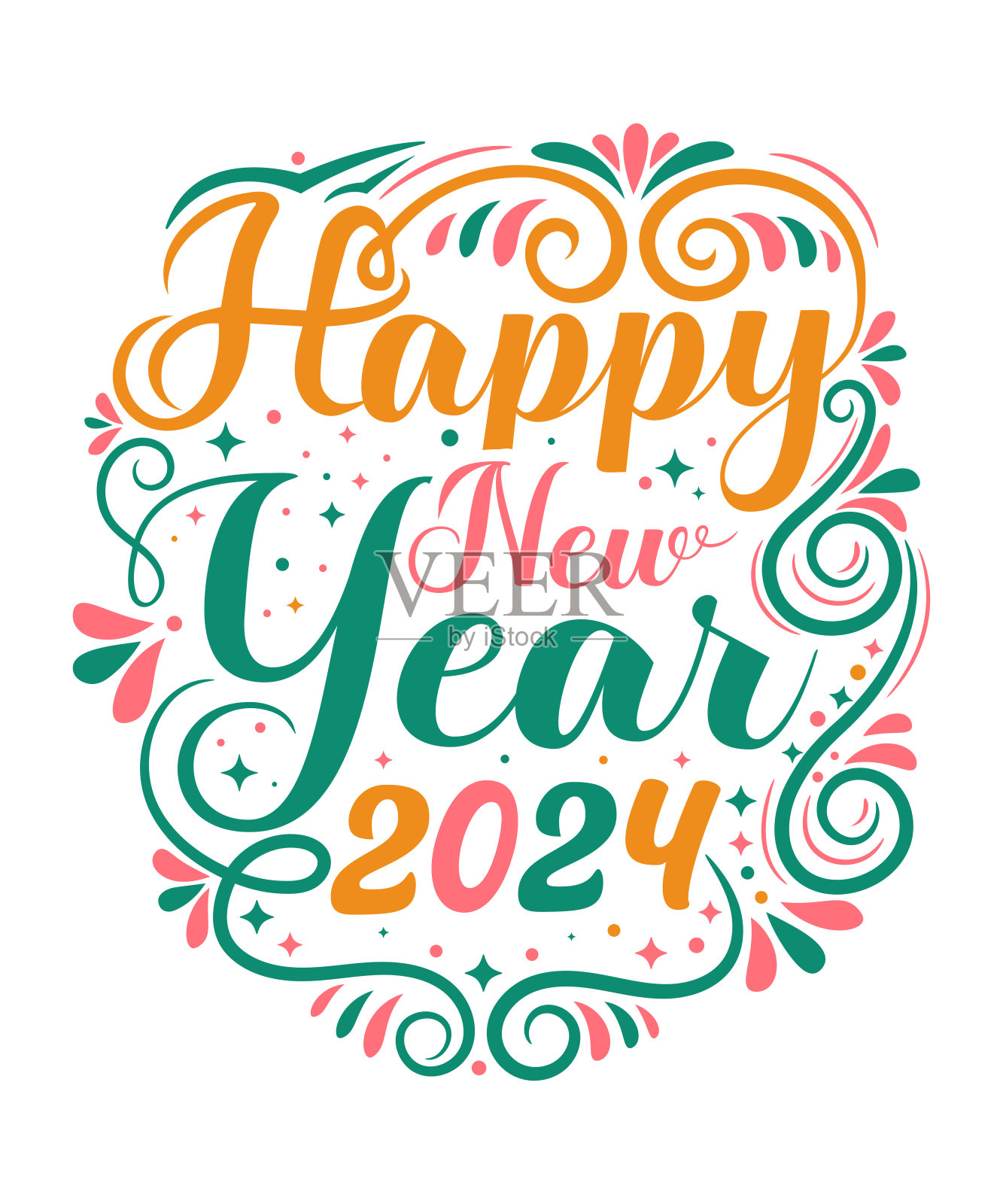 新年快乐2024矢量设计，t恤和贴纸，庆祝活动，节日，矢量，现代书法标志符号。插画图片素材