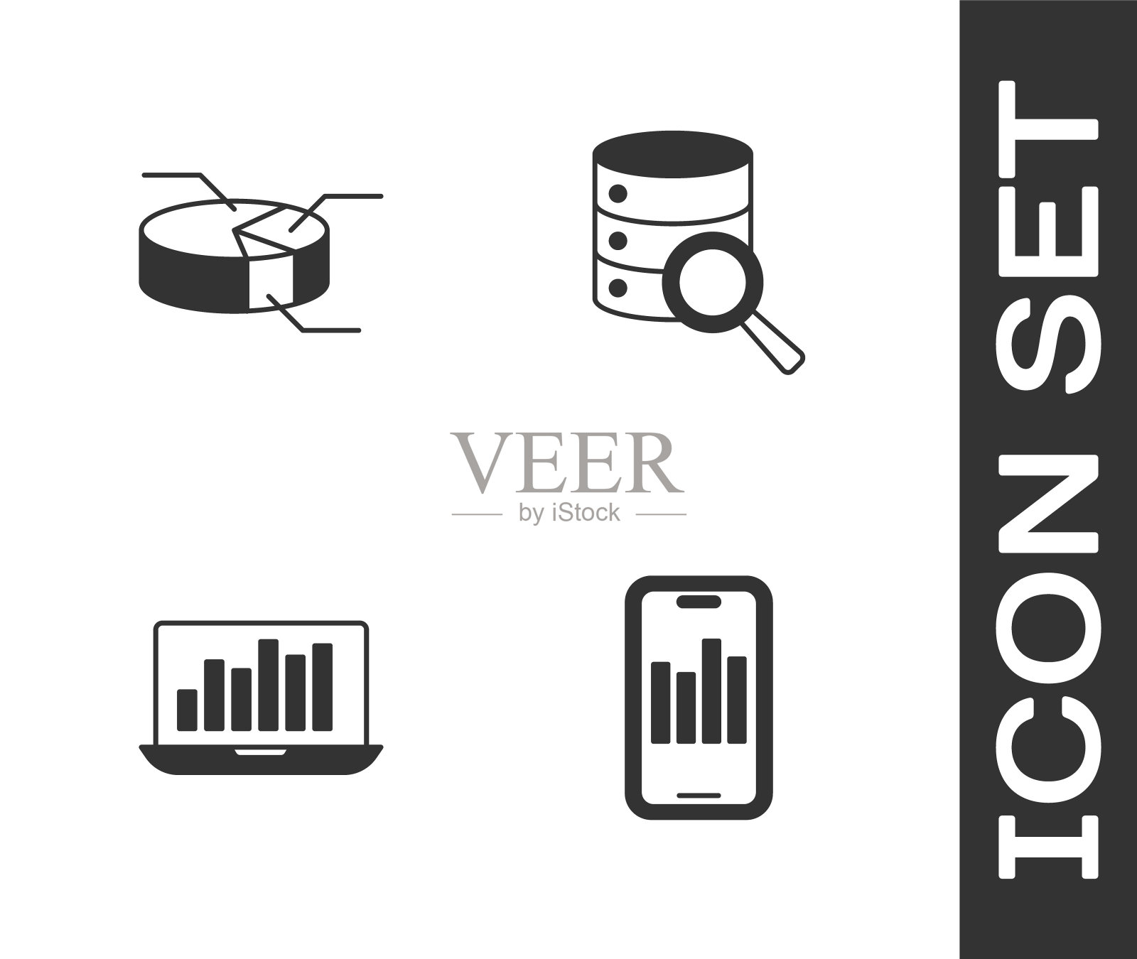 设置移动图形，饼图信息图，笔记本电脑和服务器图标。向量插画图片素材