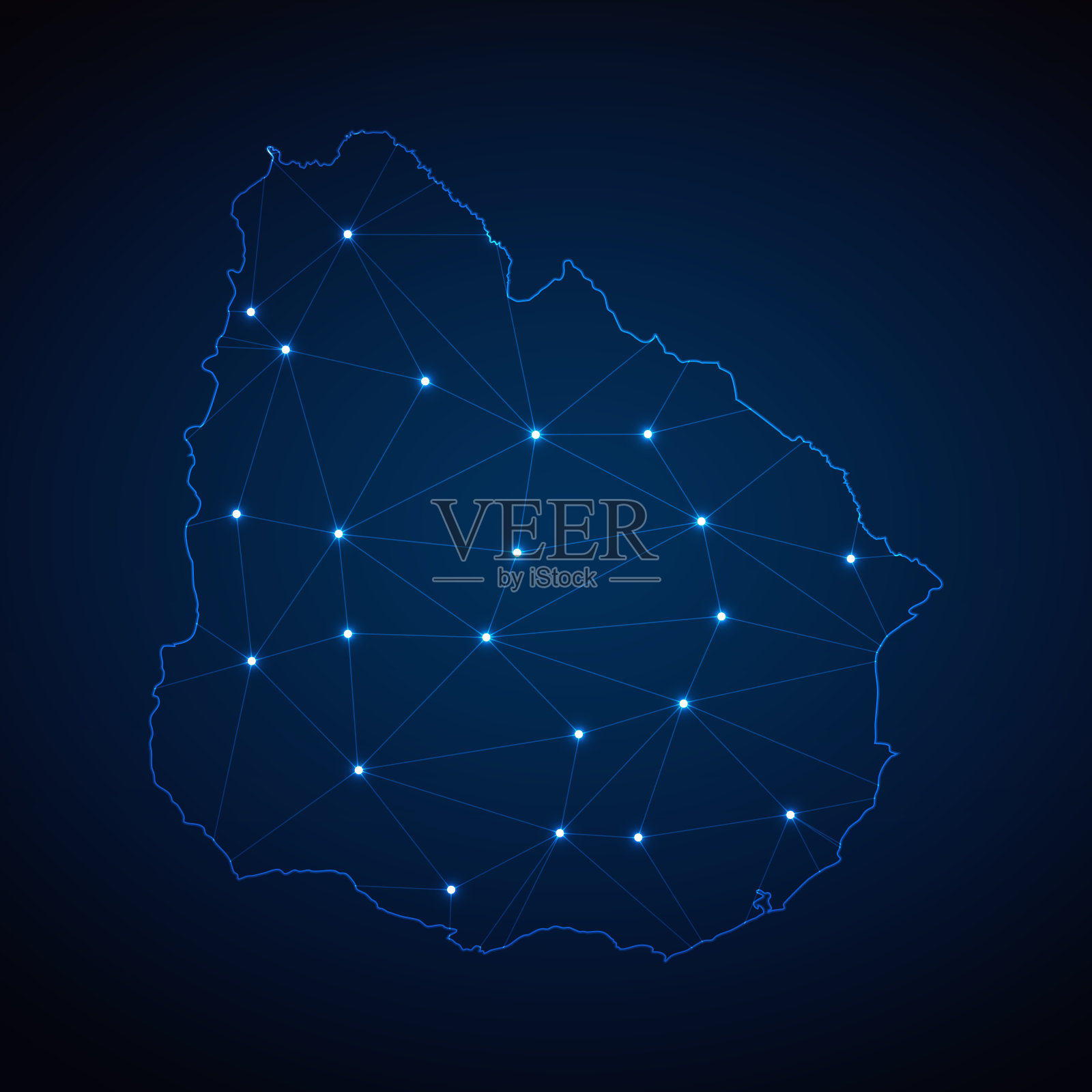 乌拉圭的抽象线框网格多边形地图，在深蓝色背景上以城市的形式呈现灯光。矢量图EPS10插画图片素材