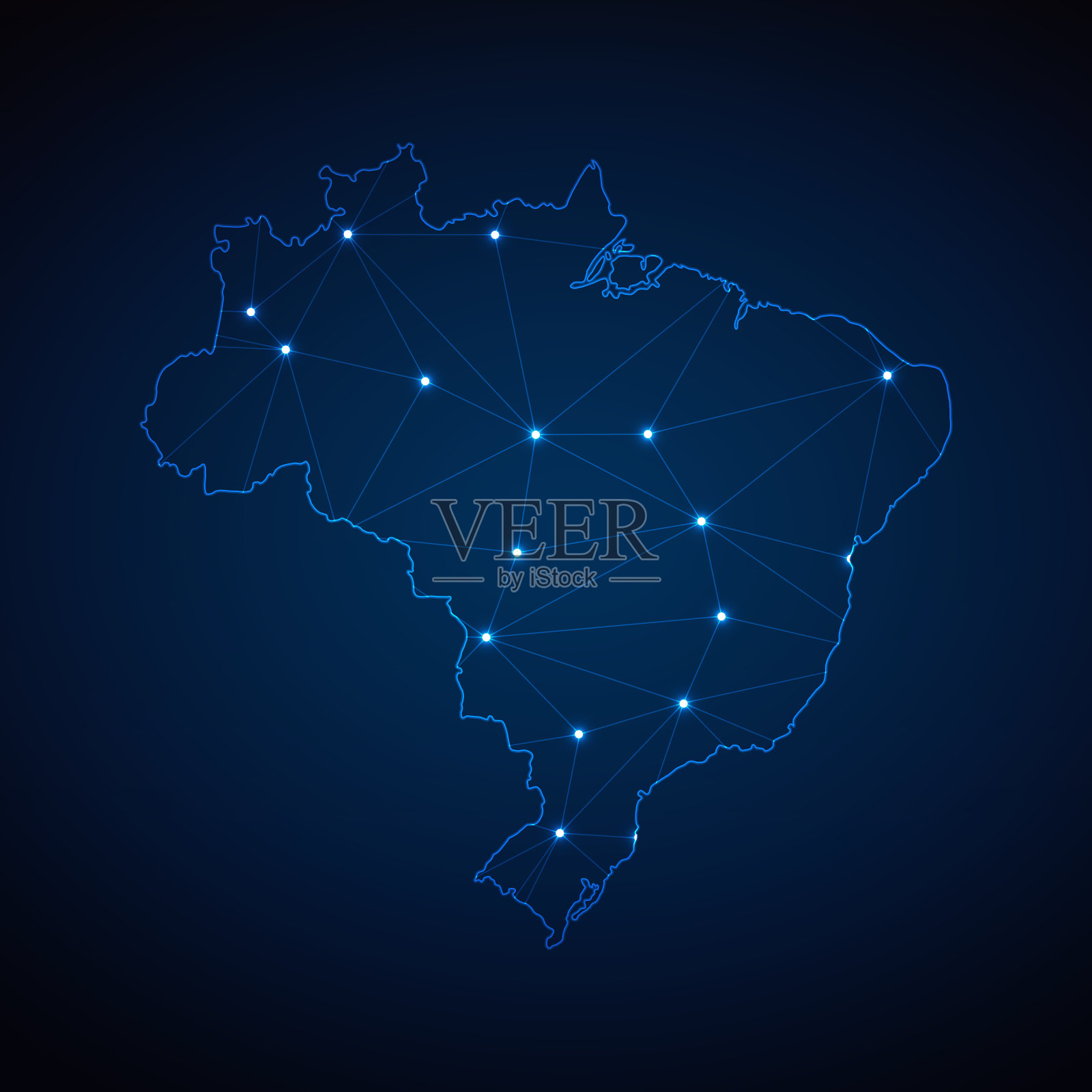 巴西的抽象线框网格多边形地图，在深蓝色背景上以城市的形式呈现灯光。矢量图EPS10插画图片素材