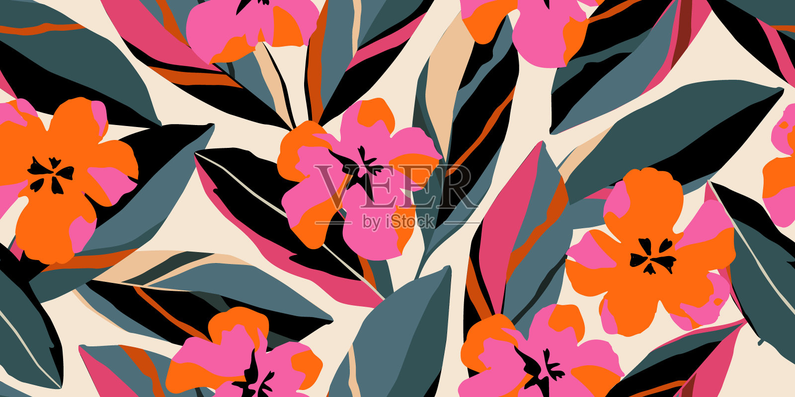 手绘热带花卉，无缝图案与花卉织物，纺织品，服装，包装纸，封面，横幅，室内装饰，抽象背景。矢量插图。插画图片素材