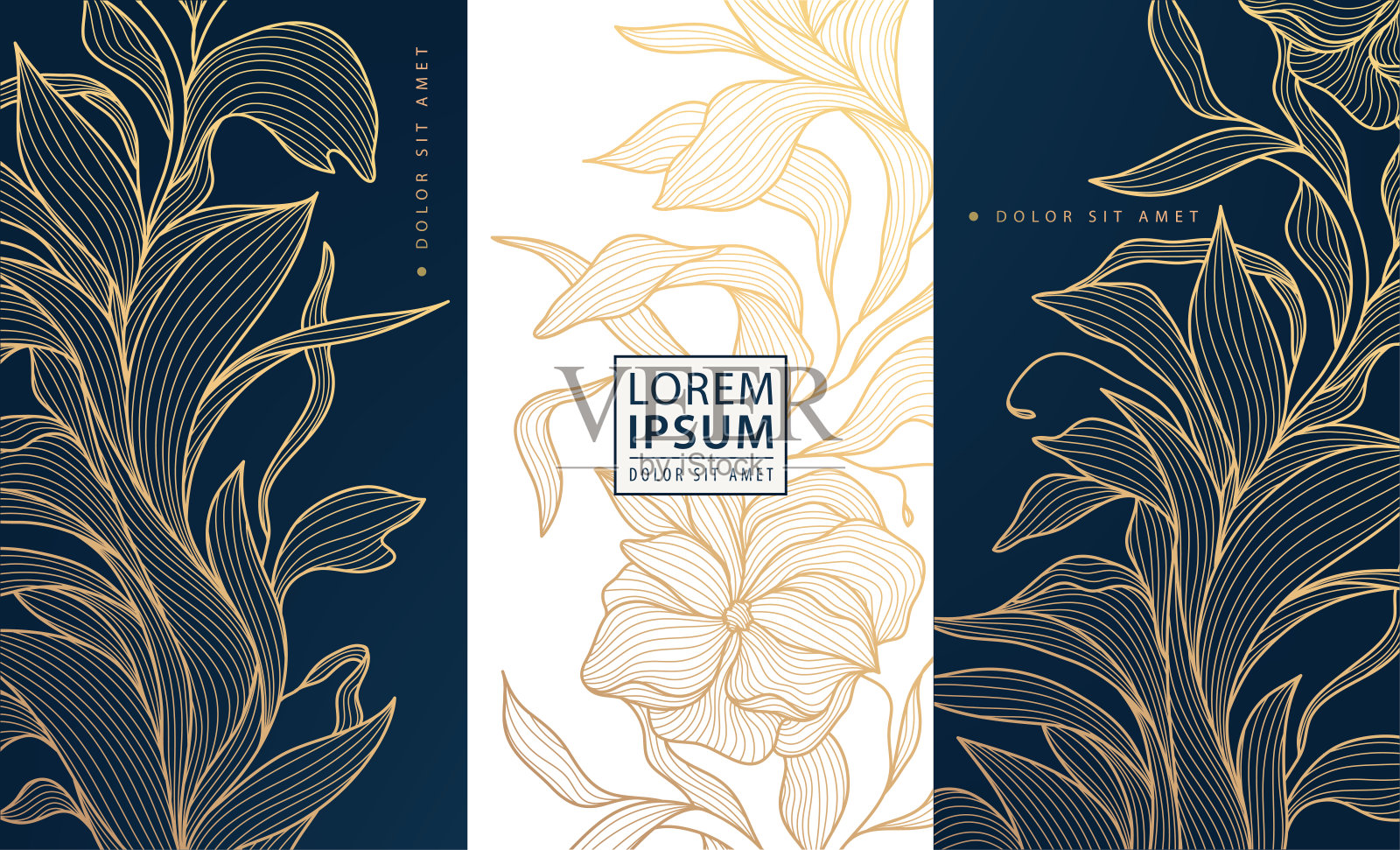 矢量集装饰艺术花卉豪华图案，金色的皇家标签与鲜花和树叶。用于珠宝、茶叶、水疗、菜单、巧克力、酒的包装概念插画图片素材