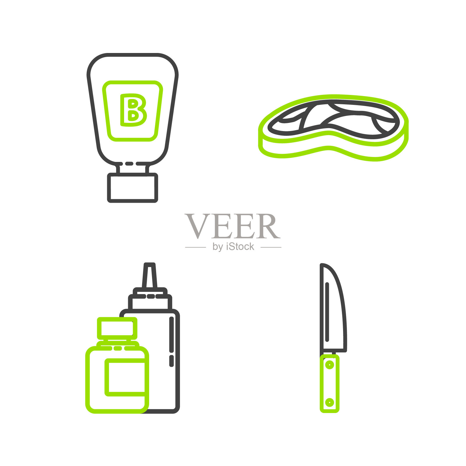 集线刀，酱瓶，牛排肉和图标。向量插画图片素材