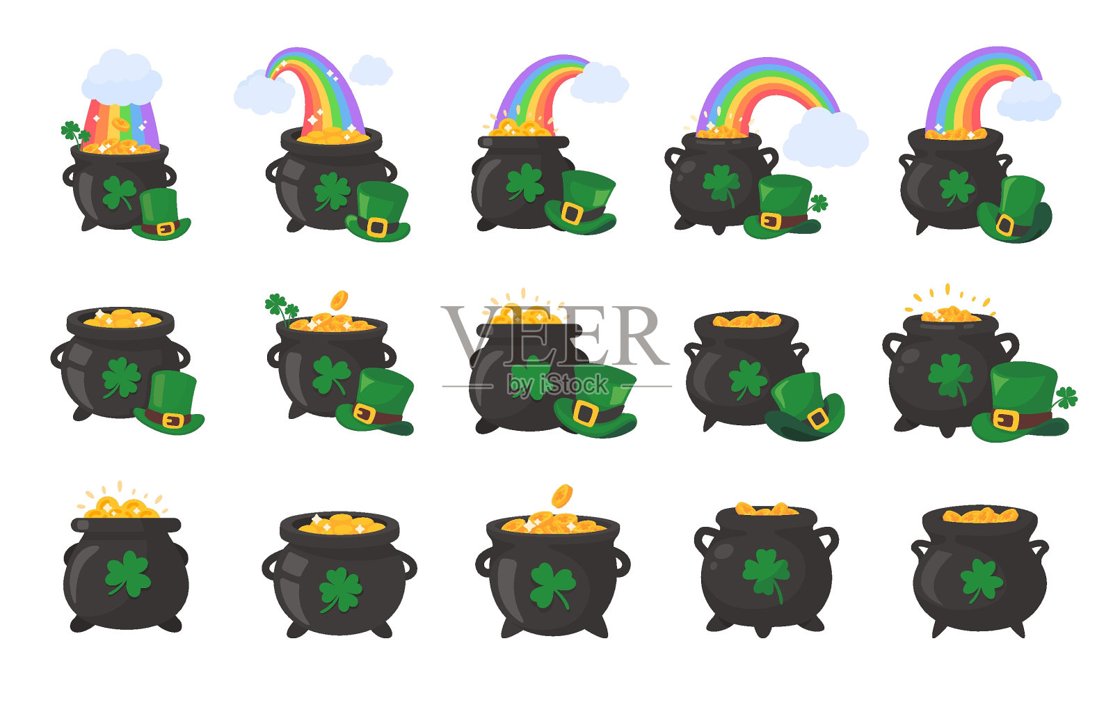 绿罐子里装满了金币。与好运三叶草在圣帕特里克节插画图片素材