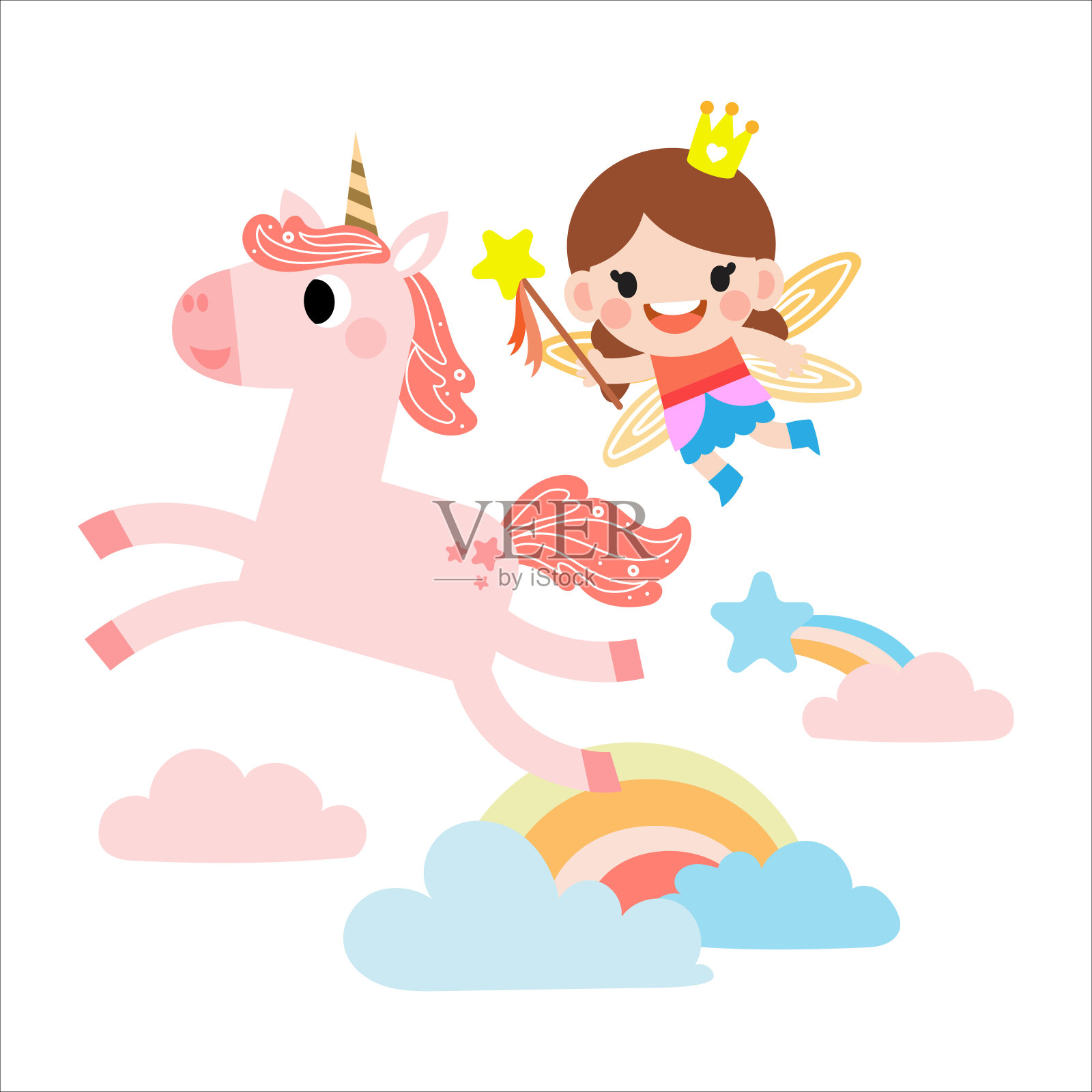 仙女和独角兽插图与彩虹，星星，心，云，在卡通风格的剪贴画插画图片素材