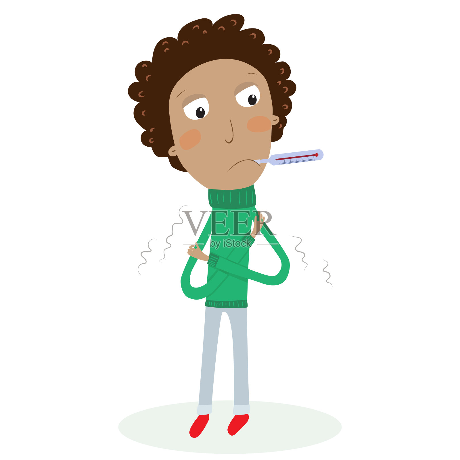 得了流感的搞笑男孩感冒了，嘴里含着体温计。插画图片素材