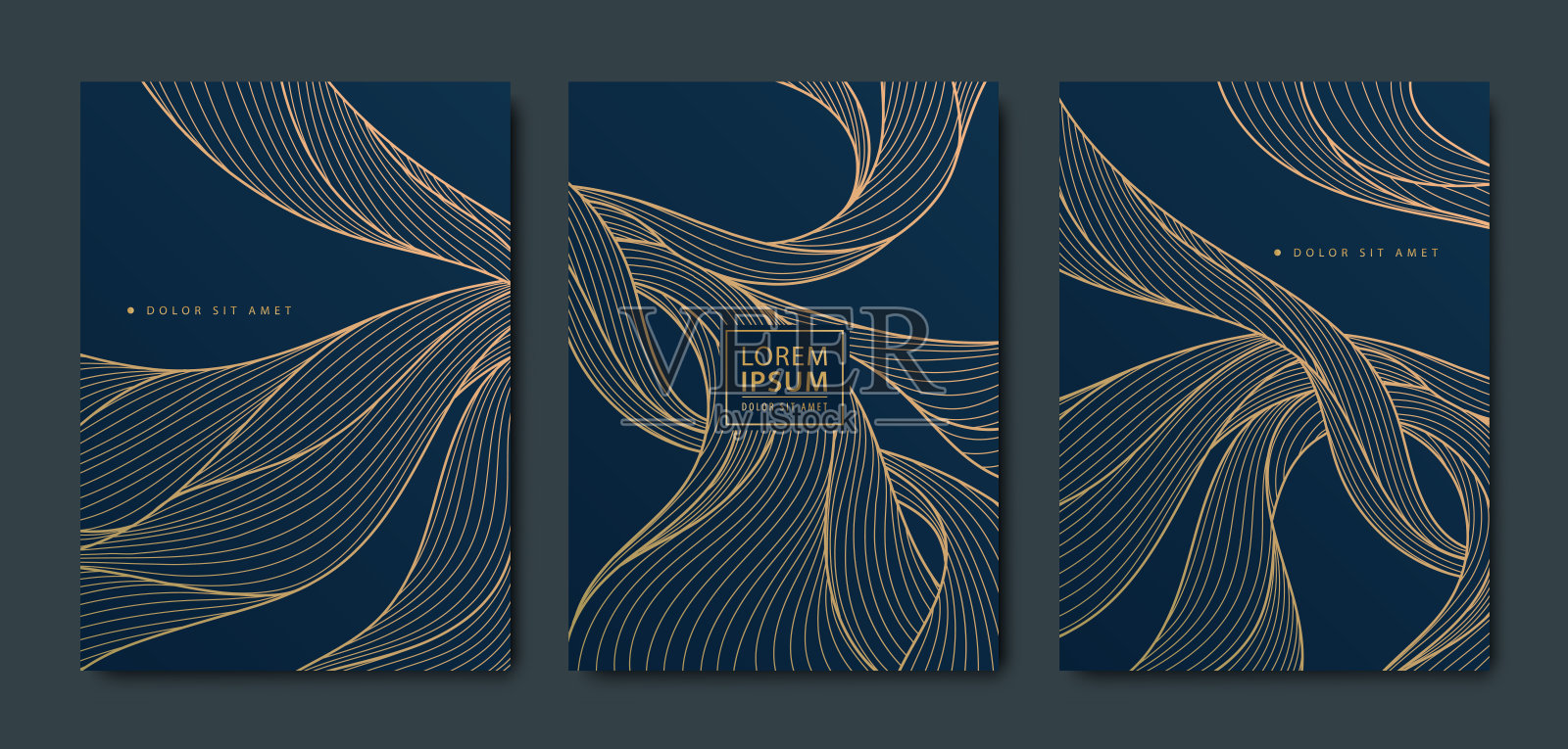 矢量豪华波浪图案，抽象的金色和黑色艺术设计。艺术装饰花式纹理，液体卡片，流动宣传册。插画图片素材