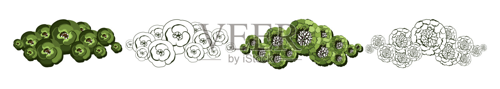 用于建筑平面图的树。随行人员设计。各种树木、灌木、灌木，为景观设计方案的俯视图。矢量插图。插画图片素材