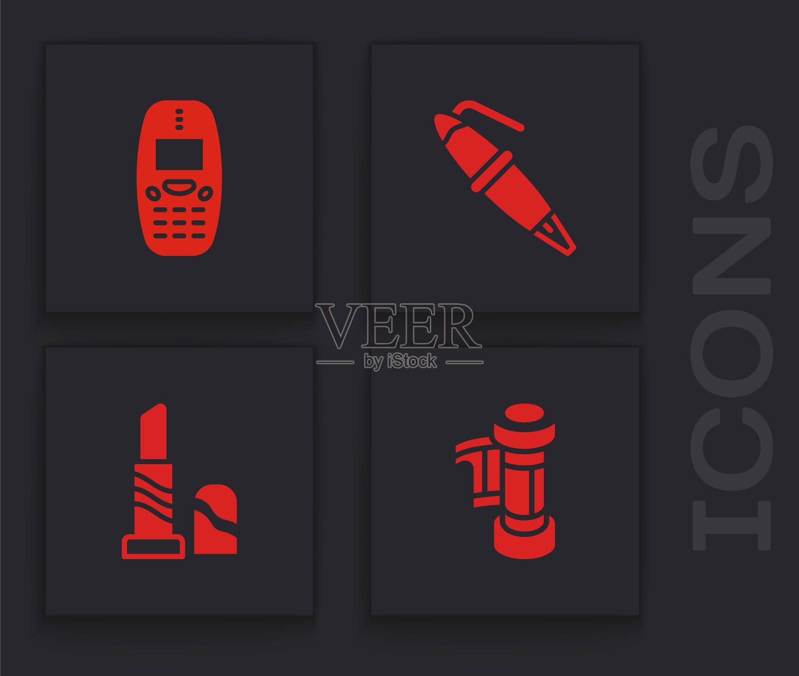集相机卷墨盒，旧手机，钢笔笔尖和口红图标。向量插画图片素材