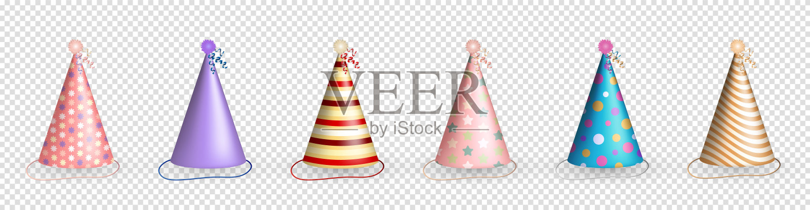 一套3d逼真的彩色派对帽子剪贴艺术生日庆祝活动。插画图片素材