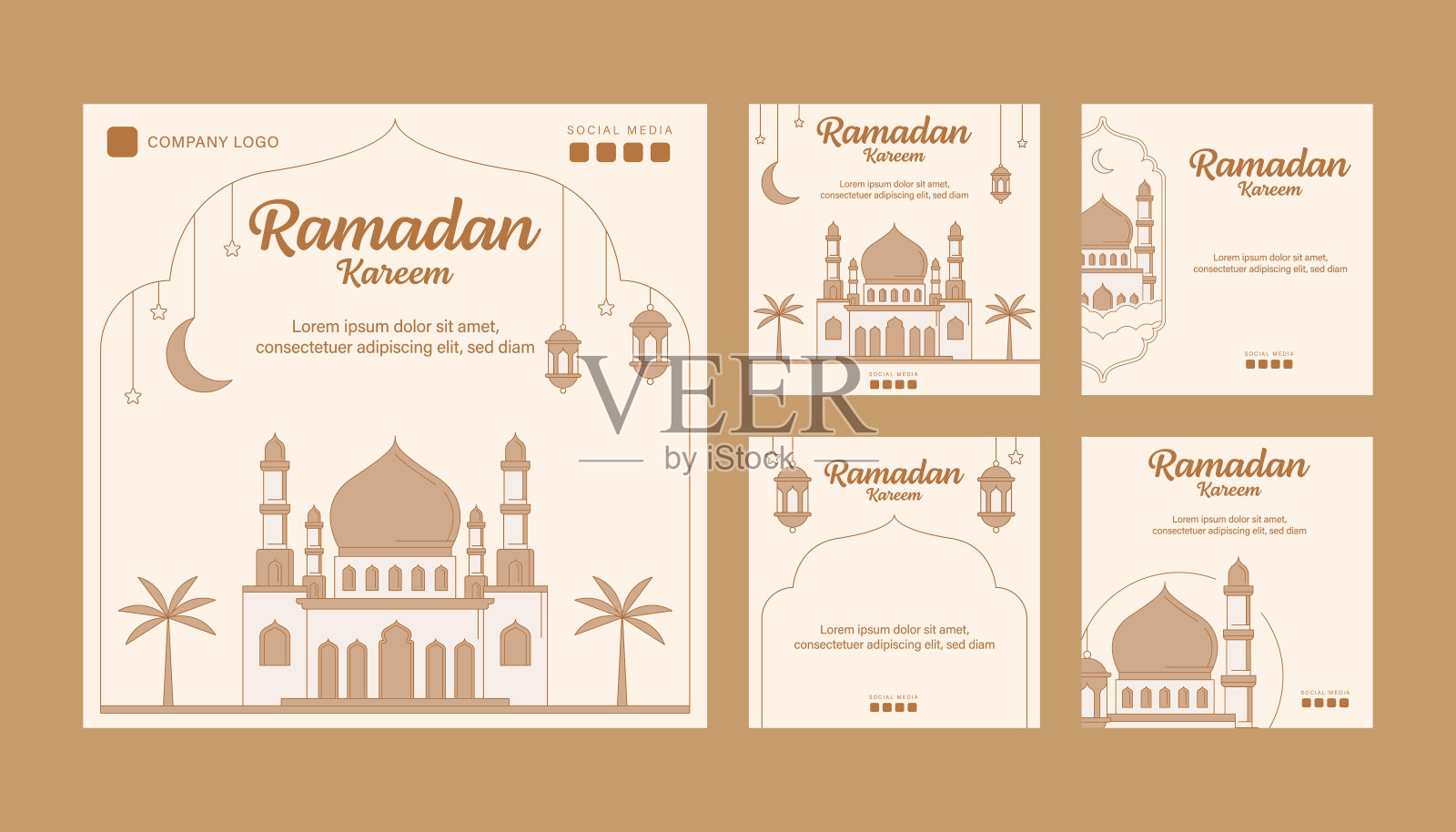 斋月矢量线艺术或单线风格的instagram帖子模板集合插画图片素材