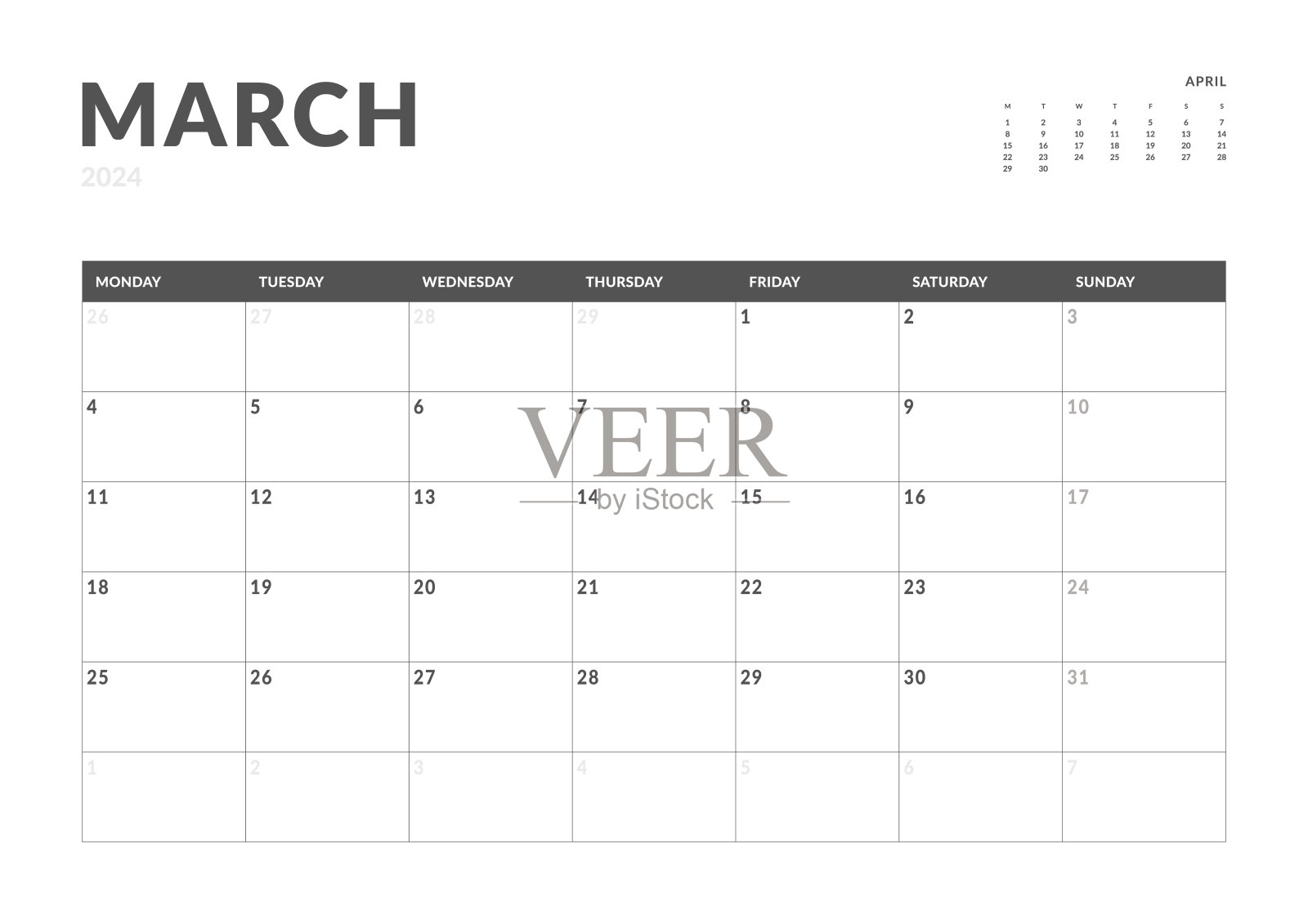 每月页面日历规划模板2024年3月。矢量布局的简单日历与周开始星期一打印。页码为A4或21x29.7公分插画图片素材