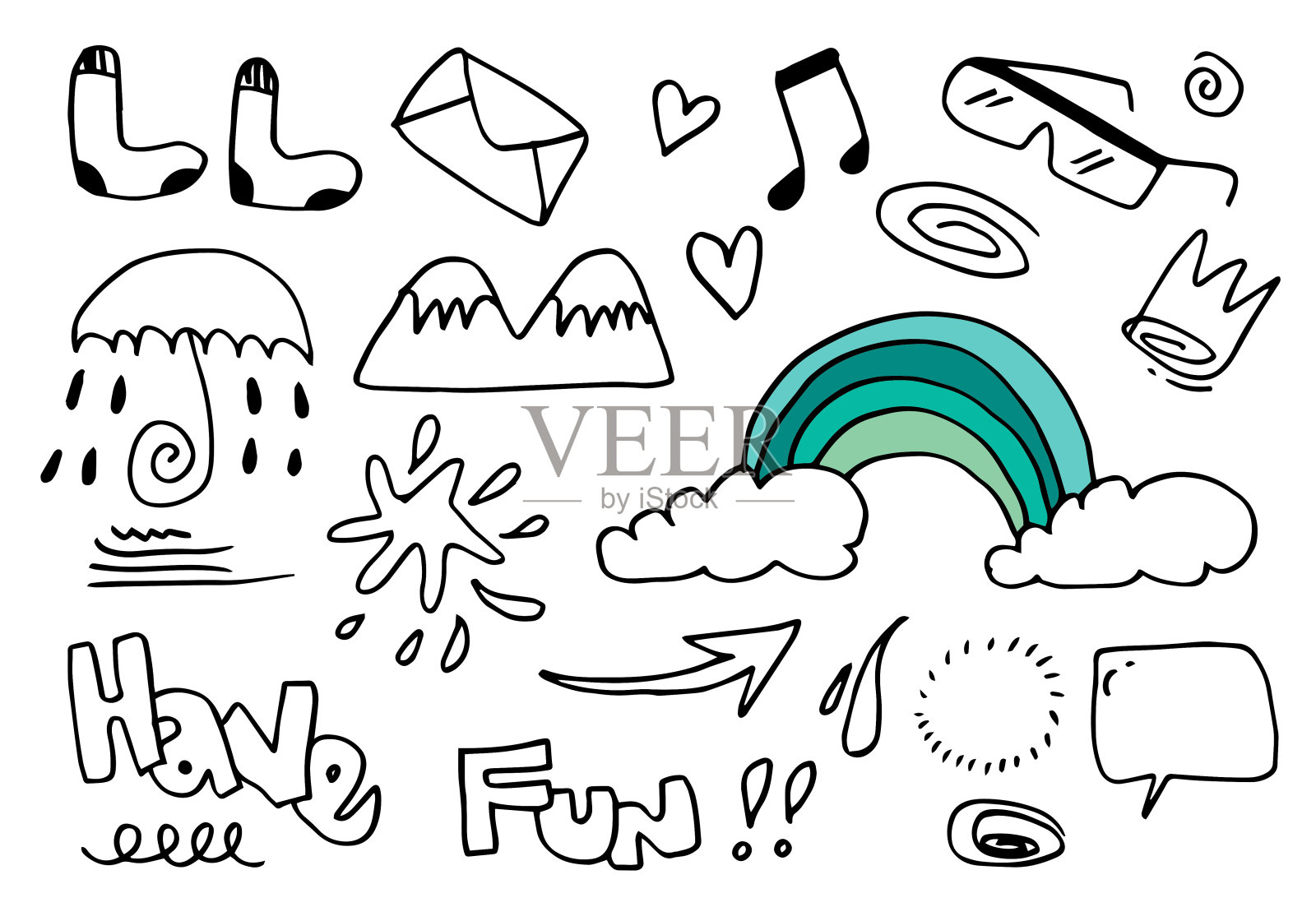 手绘可爱的涂鸦集在白色的背景。涂鸦设计元素。涂鸦孩子装饰和着色页。插画图片素材