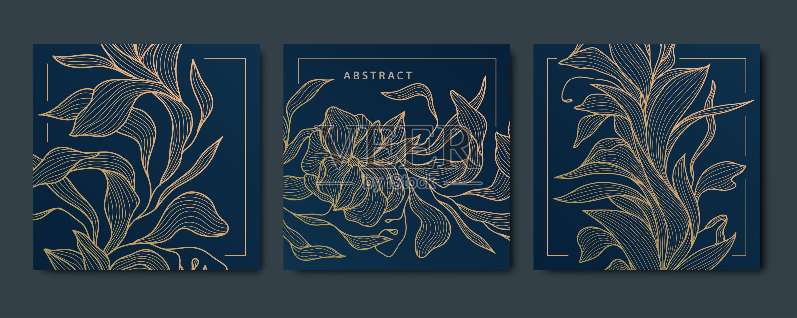 矢量集装饰艺术抽象豪华金色方形卡，社交网络，树叶和花卉植物现代，装饰艺术壁纸背景的后模板。花线图案。插画图片素材