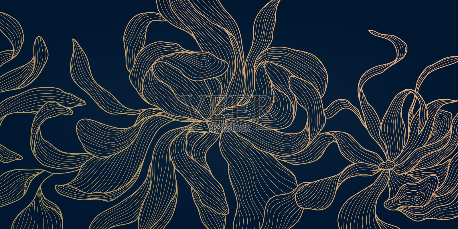 矢量artdeco花卉图案，金花壁纸，树叶和花朵日本风格的插图。画风优雅，花式。插画图片素材