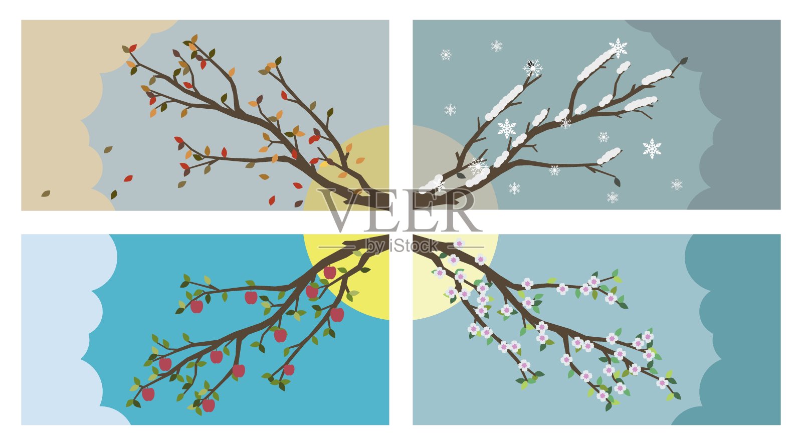 旗帜与树枝。四个季节。矢量插图。插画图片素材