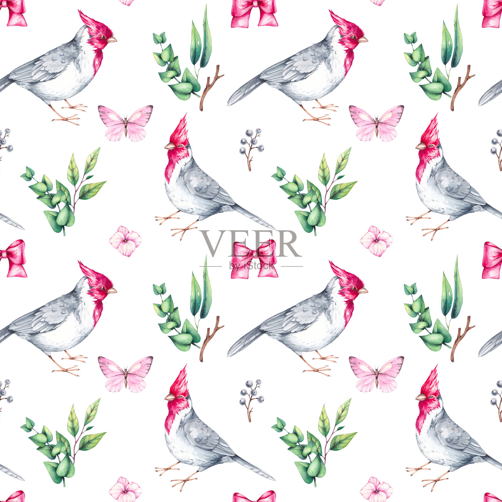 水彩画鸟红色红衣，花束插画图片素材