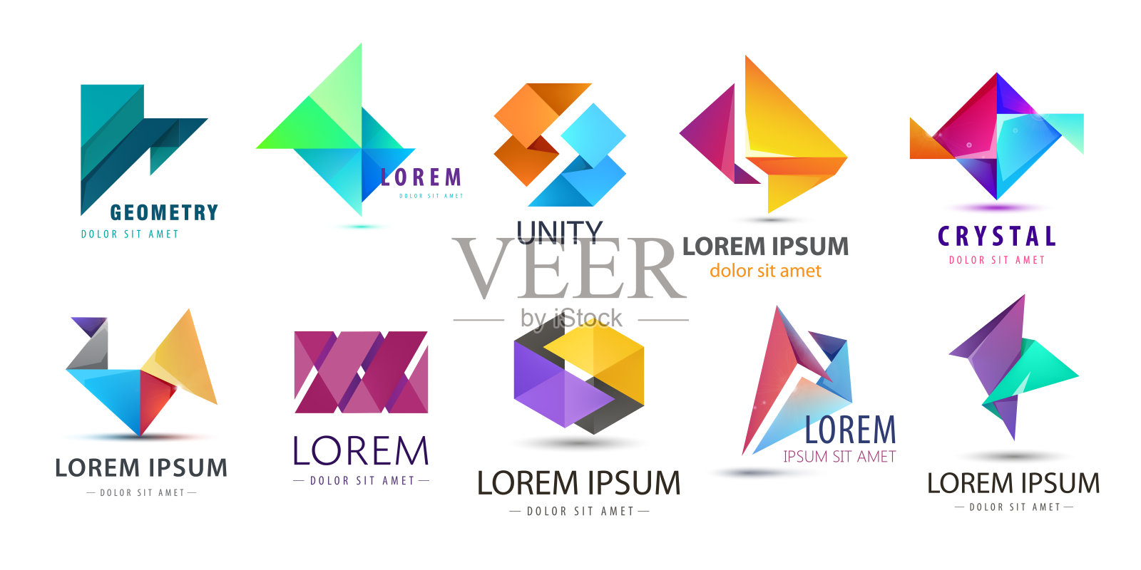 矢量集抽象设计，几何技术图标，商业三维形状集合。折纸，晶体形式和双重标志。插画图片素材