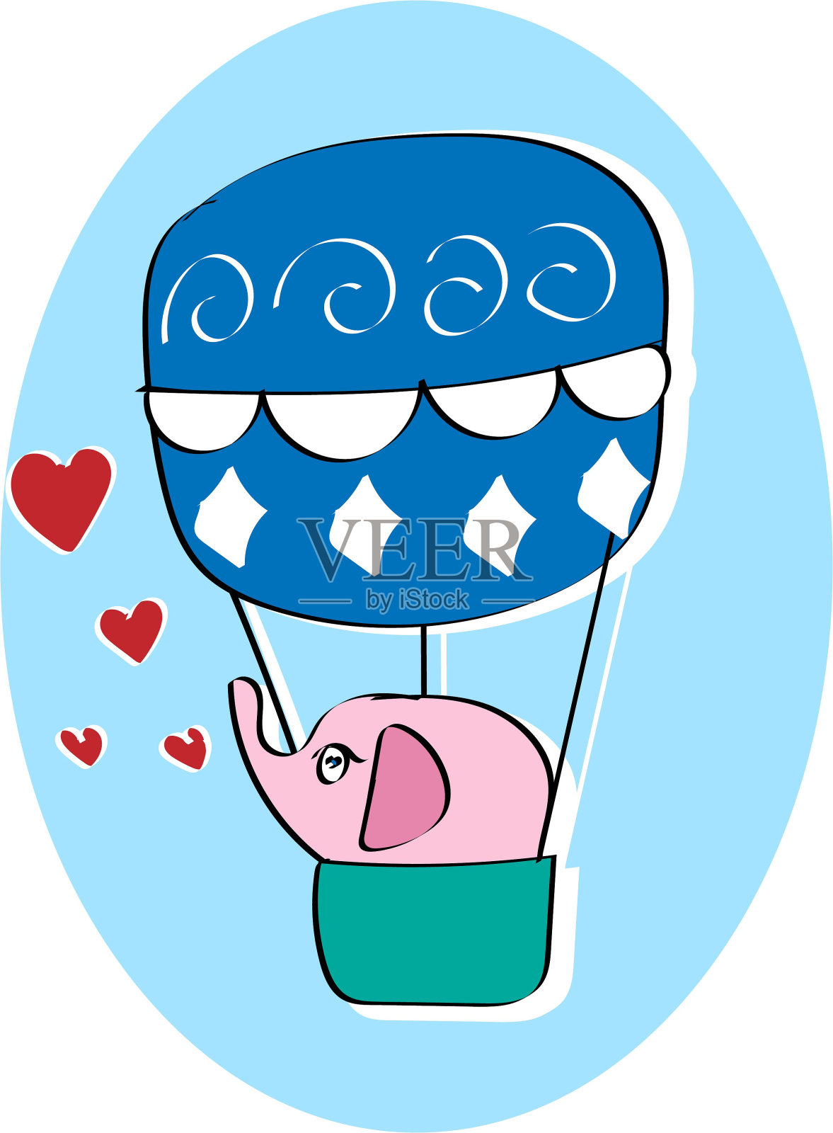 可爱的小象在热气球上飞行。卡通矢量插图。插画图片素材