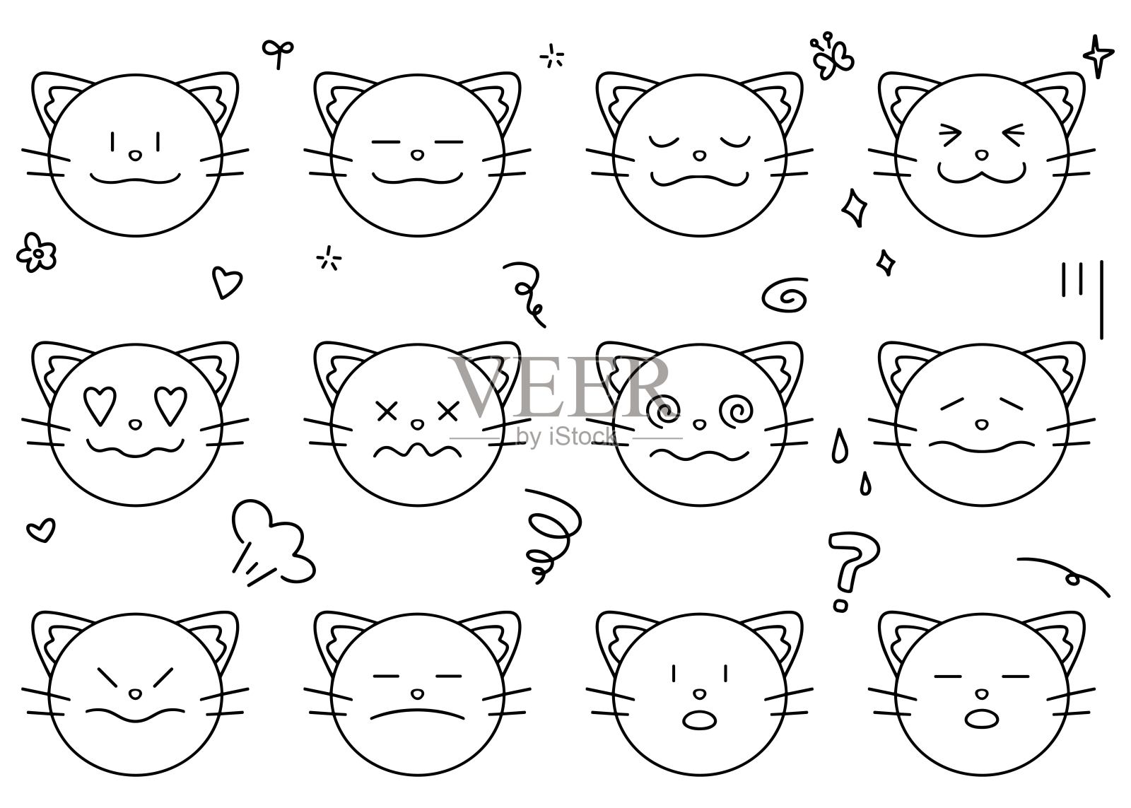 一组手绘的猫表情符号面部表情的变化插画图片素材