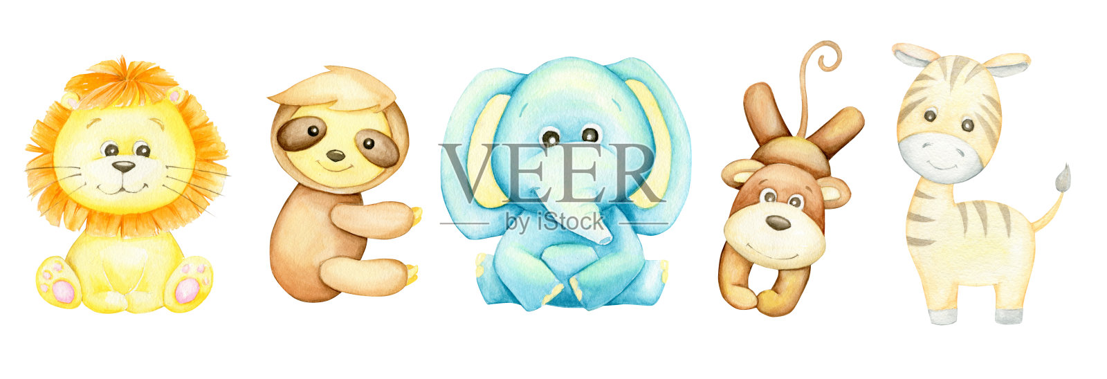 水彩单狮子动物孤立在白色背景插图。卡通风格的热带动物插画图片素材