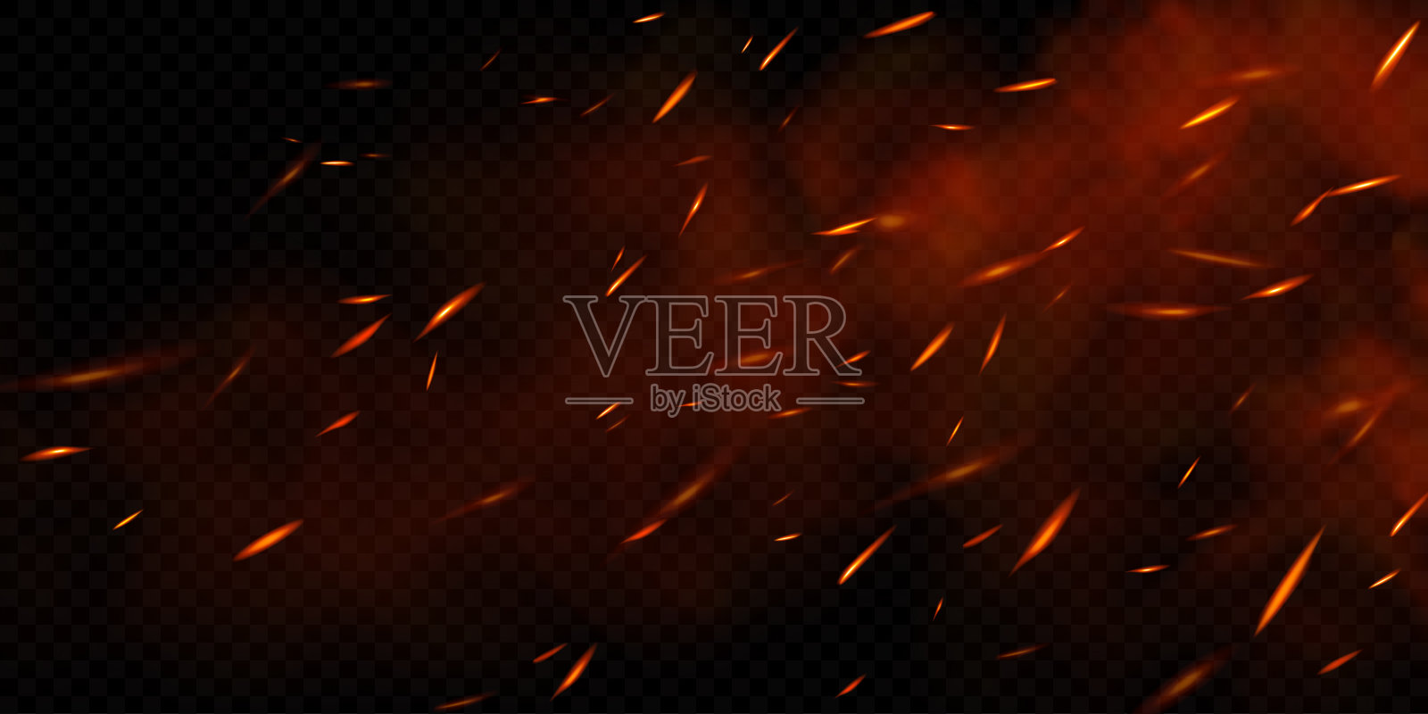 真实的火焰火花在透明的背景。燃烧粒子和烟雾的矢量插图插画图片素材