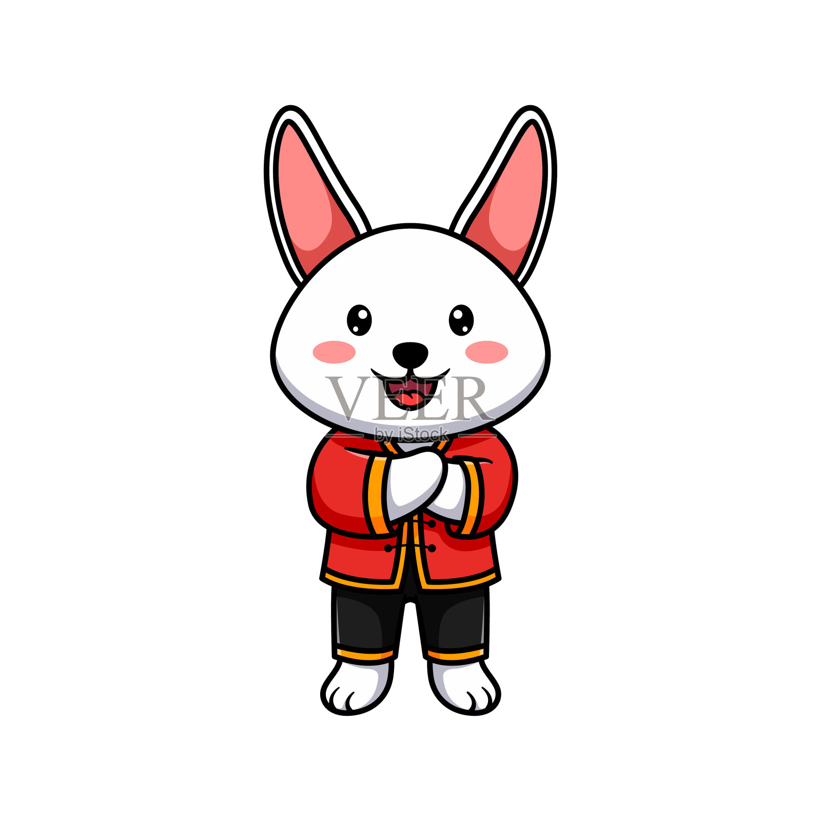 可爱的兔子们穿着喜庆的红色和服站在那里微笑插画图片素材