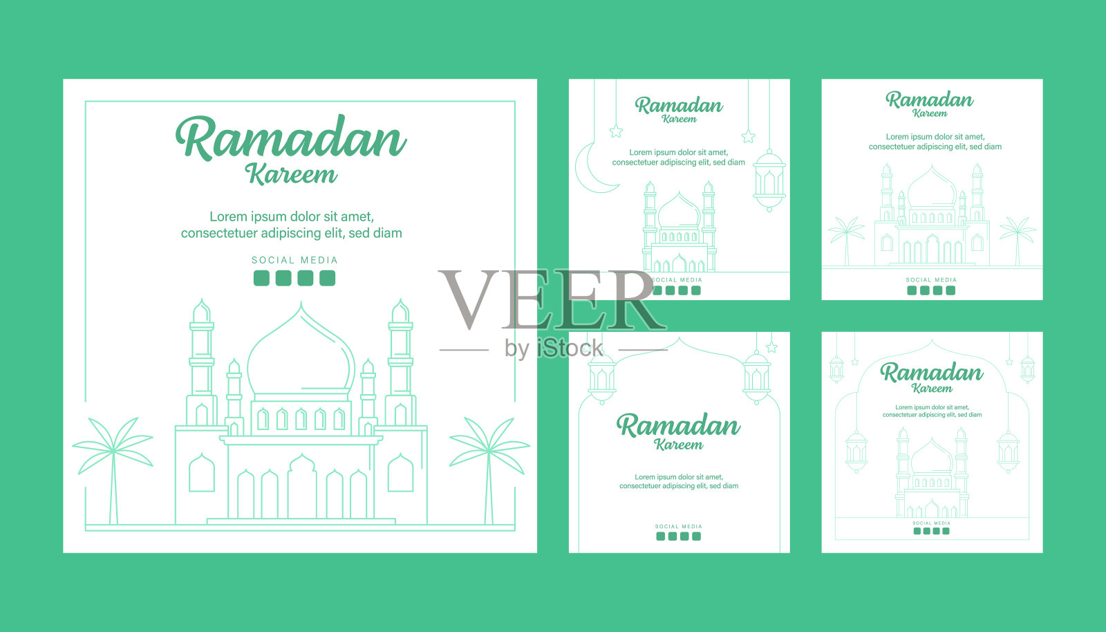 斋月矢量线艺术或单线风格的instagram帖子模板集合插画图片素材