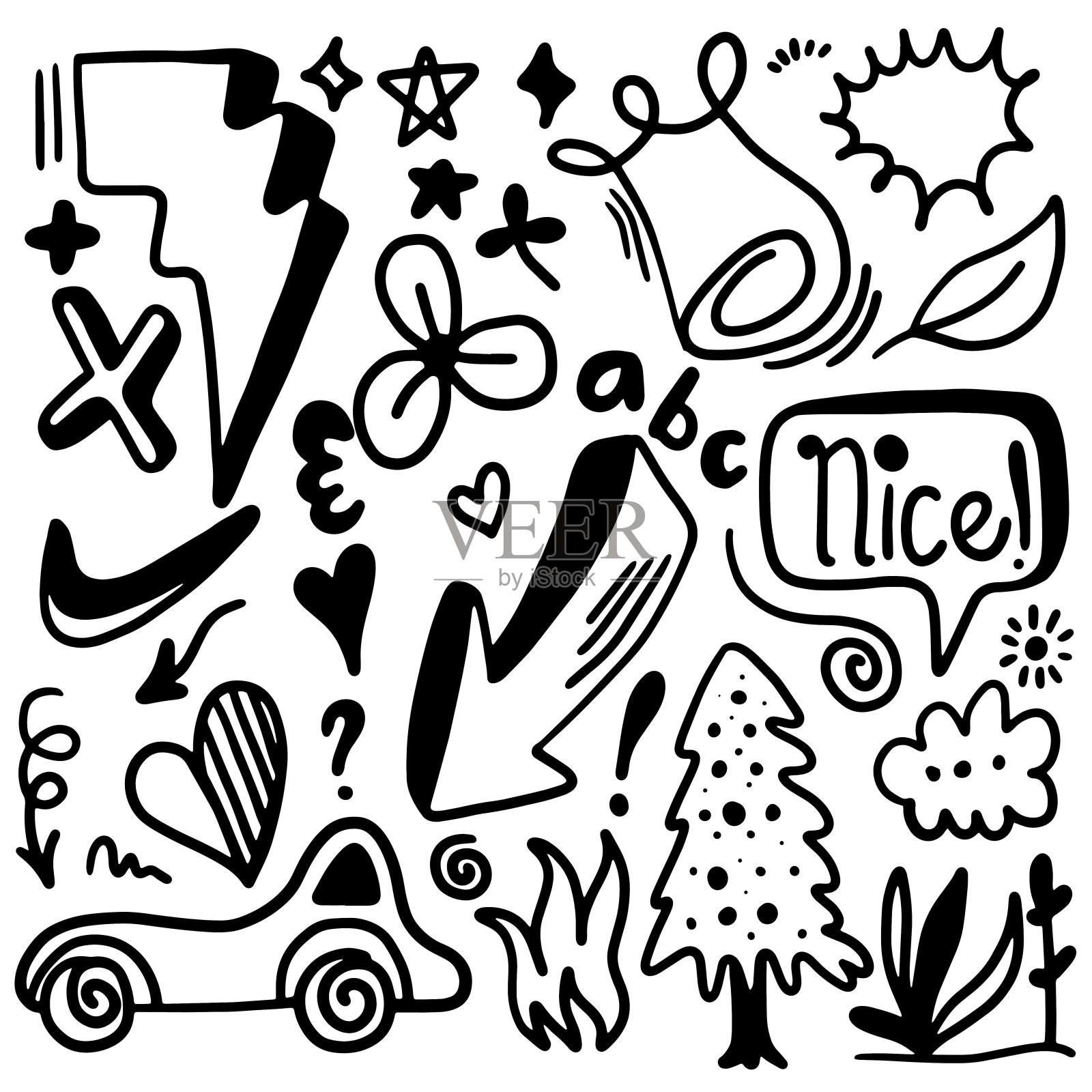 手绘集元素，黑色在白色的背景。箭，树叶，言语泡泡，心，丝带，花，强调，漩涡，为概念设计。插画图片素材