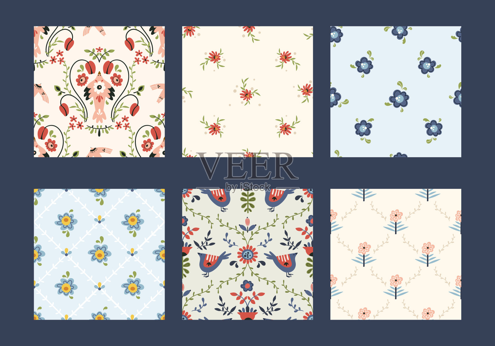 民间hygge花卉无缝图案集-鸟，枝，花和树叶斯堪的纳维亚北欧风格，植物重复的背景动机包装，纺织品，数码或剪贴簿纸插画图片素材