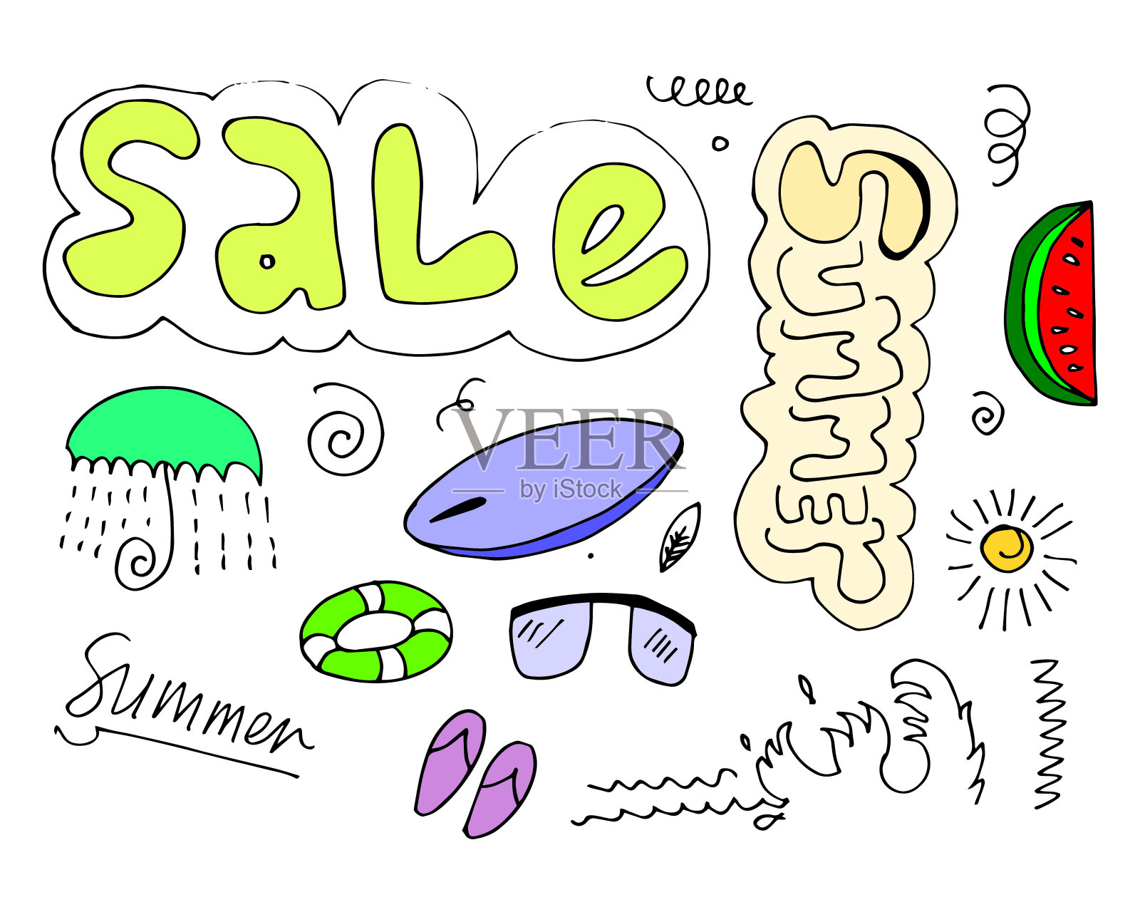 夏季收集涂鸦风格，横幅和更多。插画图片素材