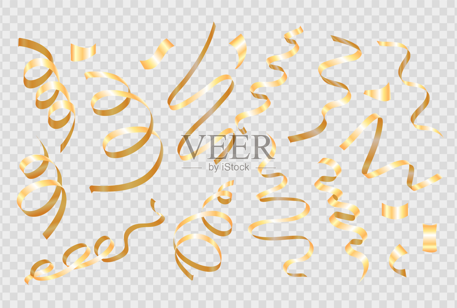 三维金色派对彩带或卷带蛇形，彩纸庆祝插画图片素材