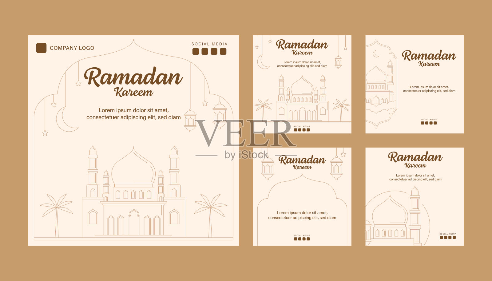 斋月矢量线艺术或单线风格的instagram帖子模板集合插画图片素材