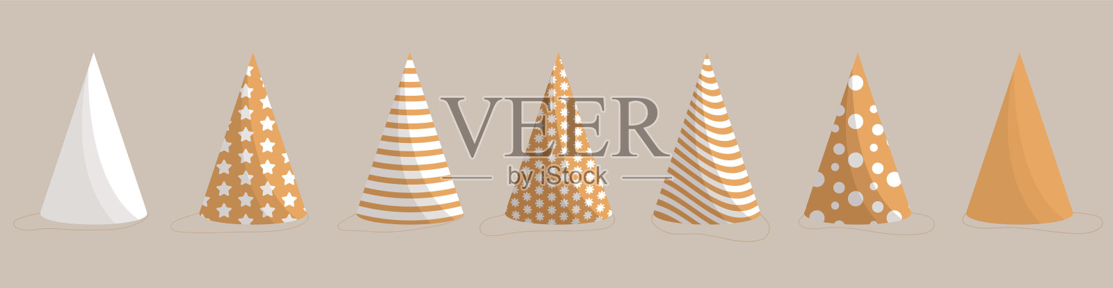 一套扁平卡通粉彩金色生日帽或聚会纸帽锥形插画图片素材