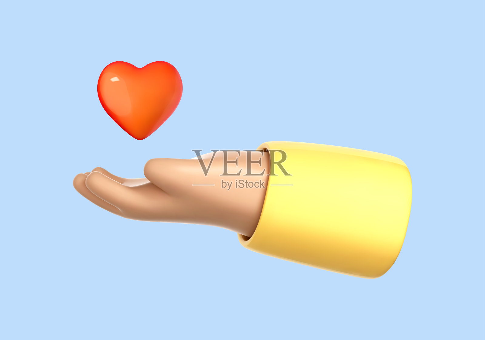 3D卡通手与红色心脏隔离在蓝色背景。慈善、爱心、保健的理念。手掌上有心形符号。矢量三维插图插画图片素材